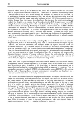 molecular orbital (LUMO). It is to be noted that, unlike the continuous valence and conduction
bands in inorganic semiconductors, HOMO and LUMO consist of numerous discrete energy levels.
These electrons are free to move around the ring, and therefore, they behave as free electrons. Fig.
4b qualitatively shows the relative energies of the π and σ bonds. The highest occupied molecular
orbitals (HOMO) and the lowest unoccupied molecular orbitals (LUMO) correspond to these π
orbitals. Because these electrons are delocalized over the ring, they also contribute to electrical
conductivity. Graphite is an example of a sp2
bonded system in which the electrons are responsible
for high electrical conductivity. On the other hand, diamond which is purely σ –bonded system has
very low electrical conductivity. In analogy to inorganic semiconductors, the HOMO is like the
valence band and the LUMO is like the conduction band. The excited state of the molecule can be
in a singlet state or a triplet state. The difference in energy between the triplet and the singlet state is
typically given by the exchange energy. The triplet state is about 1 eV below the excited singlet
state. Although the triplet state is lower in energy than the excited singlet state, it cannot be directly
excited in an optical transition. Hence, in literature, the excited singlet state is referred to as the
LUMO level.
In organic solids, the molecules are weakly bonded together by van der Waals forces. In contrast to
inorganic solids, there is an absence of long range order as commonly found in inorganic crystals.
Therefore, the molecular orientation and energetic profile in organic molecular solids are
intrinsically disordered. The localization radius of an electron is of the order of the magnitude of the
molecular geometry (~10 Å), and the wave function overlaps between molecules are very limited.
Therefore, the carrier mobility in most organic semiconductors is much smaller as compared to that
in their inorganic counterparts. In fact, the molecular orbitals play an important role in determining
the carrier transport properties of organic conductors. Because the semiconducting behaviour of
both conjugated polymers and small molecule semiconductors has its origin in the properties of
carbon atoms, the physics of both classes of materials are fairly similar.
On the other hand, a crystalline inorganic semiconductor with covalent/ionic inter-atomic bonding
throughout the material, because of periodicity of the lattice, allows the description of the electronic
states in reciprocal space. According to this description, an inorganic semiconductor has an
occupied valence band and an empty conduction band, which are separated by a band gap. Thus, an
analogy between valence band and HOMO level, and conduction band and LUMO level is possible.
But, the width of the energy bands in organic semiconductors is much less, and therefore, it has a
consequence on the mechanism of the charge transport.
Table 2 shows the comparison between the properties of inorganic and organic semiconductors. It is
evident that the bondings are different in inorganic and organic semiconductors. Whereas, there are
free charge carriers in form of electrons and holes in inorganic semiconductors, the organic
semiconductors generally do not support free electrons and holes. The charge in this case is in the
form of a positive or negative polaron (an electron accompanied by a kind of electrical
displacement of negative charges constitutes a polaron). In inorganic semiconductors, the positive
and negative charges form Wannier-Mott type excitons with small binding energies; therefore, the
excitons are rarely observed at room temperature in common semiconductors. On the other hand,
organic semiconductors possess Frenkel type excitons with large binding energies, and therefore,
they play an important role in determining the optical behaviour of the organic semiconductors.
Furthermore, the effective mass of charge carriers in organic semiconductors is very high compared
to that in common inorganic semiconductors, and therefore, the mobility for charge transport is
poor. While the transport of charge in inorganic semiconductors takes place through bands, in
organic semiconductors it occurs by a hopping mechanism for transport.
36 Luminescence
 