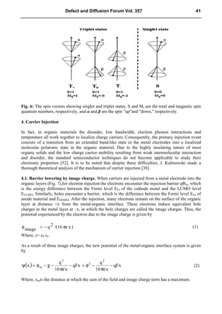 Fig. 6: The spin vectors showing singlet and triplet states. S and Ms are the total and magnetic spin
quantum numbers, respectively, and α and β are the spin "up"and "down," respectively.
4. Carrier Injection
In fact, in organic materials the disorder, low bandwidth, electron phonon interactions and
temperature all work together to localize charge carriers. Consequently, the primary injection event
consists of a transition from an extended band-like state in the metal electrodes into a localized
molecular polaronic state in the organic material. Due to the highly insulating nature of most
organic solids and the low charge carrier mobility resulting from weak intermolecular interaction
and disorder, the standard semiconductor techniques do not become applicable to study their
electronic properties [52]. It is to be noted that despite these difficulties, J. Kalinowski made a
thorough theoretical analysis of the mechanism of carrier injection [38].
4.1. Barrier lowering by image charge. When carriers are injected from a metal electrode into the
organic layers (Fig. 7),for electron injection the electrons encounter the injection barrier qΦm, which
is the energy difference between the Fermi level EFc of the cathode metal and the LUMO level
ELUMO. Similarly, holes encounter a barrier, which is the difference between the Fermi level EFa of
anode material and EHOMO. After the injection, many electrons remain on the surface of the organic
layer at distance +x from the metal-organic interface. These electrons induce equivalent hole
charges in the metal layer at –x, in which the hole charges are called the image charges. Thus, the
potential experienced by the electron due to the image charge is given by
)
x
16
/(
2
q
image πε
−
=
φ (1)
Where, ε= ε0 εr.
As a result of these image charges, the new potential of the metal-organic interface system is given
by
( ) qFx
x
16
q
qFx
x
16
q
x
2
2
2
m −
πε
−
φ
=
−
πε
−
χ
−
φ
=
ψ (2)
Where, xmis the distance at which the sum of the field and image charge term has a maximum.
Defect and Diffusion Forum Vol. 357 41
 