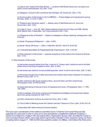(i) Letter to John Gates of the Daily Worker — condemns Wall Street maneuvers; corruption and
graft in Quirino administration, etc. (Exh. V-83)
(j) Cablegram: CLO join ILWU commends Harry Bridges, US Communist. (Exh. V-79)
(k) Communication of Hernandez to CLO at MRRCO — Praises Balgos and Capadocia for joining
the Huks. (Exhs. V-12-22, V-289)
(l) "Philippine labor Demands Justice" — Attacks czars of Wall Street and U.S. Army and
Government. (Exh. V-94) .
(m) Letter to Taruc — June 28, 1948.-States solidarity among the CLO Huks and PKM. Attacks
North Atlantic Pact. Praises Mao Tse Tung (contained in Exh. V-94)
(n) "Philippines Is Not A Paradise" — States of a delegation to Roxas attacking unemployment. (Exh.
V-90-93)
(o) Article "Progressive Philippines" — (Exh. V-287)
(p) Article "Hands Off Korea" — (Exhs. V-488-494, 495-501, 509-515, W-25-26)
(q) "Limang Buwang Balak Sa Pagpapalakas Ng Organisasyon". (Exh. X-35-38)
(r) Press statement of Hernandez — opposes acceptance of decorations from Greece by Romulo.
(Exh. V-72)
3. Other Activities of Hernandez.
(a) Hernandez received clothes from Pres. Lines thru P. Campa, which clothes he sent to the field.
Letters show of sending of supplies to Huks. (Exh. S-383)
(b) Hernandez was asked to furnish portable typewriter, which he did furnish to Huks. (Exh. C-364)
(c) Hernandez brought Taruc's letter about facts and incidents about Huks to Bulosan for inclusion in
Bulosan's book. (Exh. FF-1)
(d) Had conference with Kumar Goshal a Hindu, about the Huks and their armed forces.
(Photographs, Exhs. X-6 RR-54-55A)
(e) Supervised taking of pictures of sons of Capadocia and Joven. (Photographs, Exhs. T -1, RR-
136-138A)
(f) Had knowledge of the going underground of Capadocia and Balgos and issued press release
about their going underground. (Exh. F-91)
(g) Victor mentioned to continue as contact for Chino. (Exh. C-362)
(h) Taruc's letter to Maclang shows that Soliman had sent 7 lessons to Taruc. (Exh. D-451-451-A)
(i) Associated with fellow ranking Communist leaders.
The Court upon consideration of the evidence submitted, found (1) that the Communist Party was fully
organized as a party and in order to carry out its aims and policies a established a National Congress, a
Central Committee (CC), Politburo PB, Secretariat (SEC), Organization Bureau (OB), and National Courier or
Communication Division (NCD), each body performing functions indicated in their respective names; (2) that in
a meeting held on August 11, 1950 the SEC discussed the creation of a Military Committee of the Party and a
 