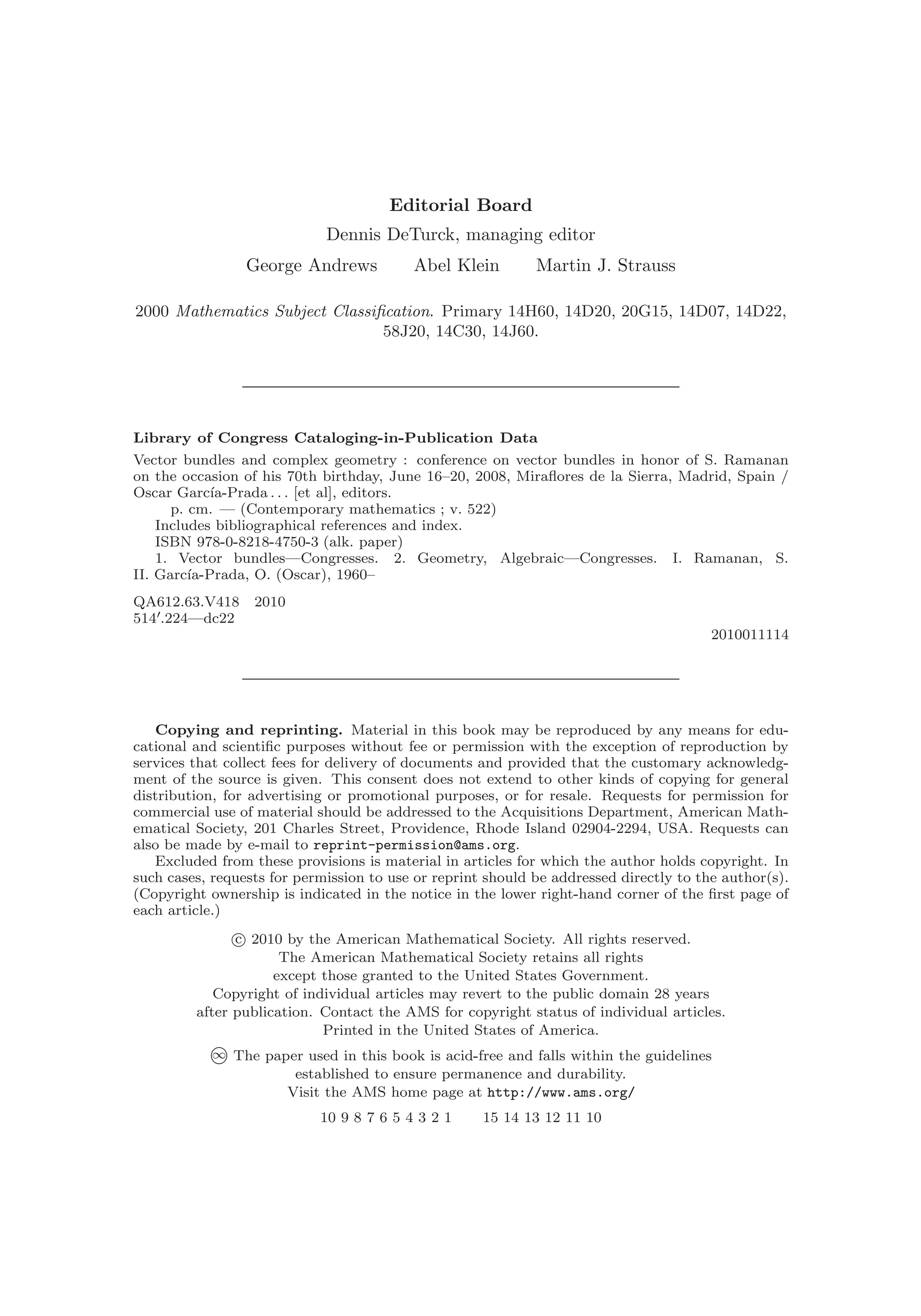 Vector Bundles And Complex Geometry Oscar Garciaprada Peter E Newstead ...