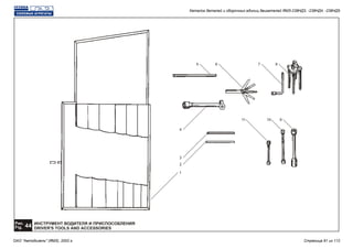 ИНСТРУМЕНТ ВОДИТЕЛЯ И ПРИСПОСОБЛЕНИЯ
DRIVER'S TOOLS AND ACCESSORIES
Рис.
44Fig.
2
1
5
3
4
6 7 8
91011
Каталог деталей и сборочных единиц двигателей ЯМЗ-238НД3, -238НД4, -238НД5
ОАО "Автодизель" (ЯМЗ), 2002 г. Страница 91 из 112
 