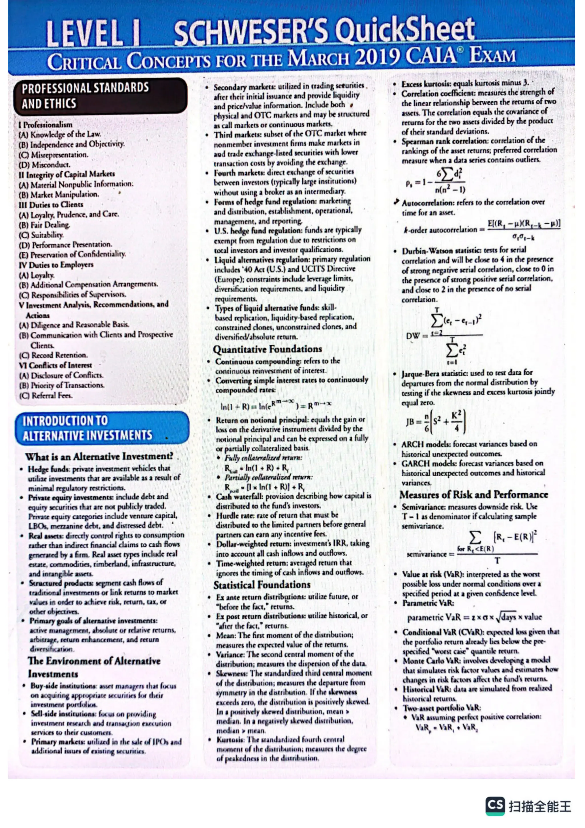 PROFESSIONAL STANDARDS
AND ETHICS
| [ Professionalism
/ (A) Knowledge of the Law.
, (B) Independence and Objectivity.
/ (C) Misrepresentation.
“ (D) Misconduct.
II Integrity of Capital Markers
(A) Material Nonpublic Information:
(B) Marker Manipulation. °
_ Ul Duties to Clients
(A) Loyalty, Prudence, and Care.
(B) Fair Dealing.
(C) Suitability.
(D) Performance Presentation.
(E) Preservation of Confidentiality.
IV Duties to Employers
(A) Loyalty.
(B) Additional Compensation Arrangements.
(C) Responsibilities of Supervisors.
V Investment Analysis, Recommendations, and
Actions
(A) Diligence and Reasonable Basis.
(B) Communication with Clients and Prospective
Clients.
(A) Disclosure of Conflicts,
(B) Priority of Transactions.
(C) Referral Fees.
INTRODUCTION TO
ALTERNATIVE INVESTMENTS
What is an Alternative Investment? .
© Hedge funds: private investment vehicles that
utilize investments that are available as a result of
minimal regulatory restrictions,
* Private equity investments: include debt and
equity securities that are not publicly waded,
Private equity categories include venture capital,
LBOs, mezzanine debt, and distressed debt.‘
© Real assets: directly control rights to consumption
rather than indirect financial claims to cash flows
generated by a firm. Real asset types include real
estate, commodities, rimberland, infrastructure,
and intangible assets.
° Structured products: segment cash flows of
traditional investments or link returns to market
values in order to achieve risk, return, tax, or
© Primary goals of alternative investments:
active management, absolute or relative returns,
arbitrage, return enhancement, and return
diversification.
The Environment of Alternative
Investments
© Buy-side institutions: asset managers that focus
on acquiring appropriate securities for their
investment portfolios.
© Sell-side institutions: focus on providing
investment research and transaction execution
services to their customers.
© Primary markets: utilized in the sale of [POs and
additional issues of existing securities.
LEVEL |SCHWESER’S
Quic
GCrItTICAL CONCEPTS FOR THE MARCH 2019 GAIA” ExaAM
* Secondary markets: utilized in crading seeurities .
after their initial issuance and provide liquidity
and price/value information. Include both ¢
physical and OTC markets and may be structured
as call markets or continuous markets.
© Third markets: subset of the OTC market where
nonmember investment firms make markets in
and trade exchange-listed securities with lower
transaction costs by avoiding the exchange.
© Fourth markets: direct exchange of securities
berween investors (typically large institutions)
without using a broker as an intermediary.
* Forms of hedge fund regulation: marketing
and distribution, establishment, operational,
management, and reporting,
* U.S. hedge fund regulation: funds are typically
exempt from regulation due to restrictions on
toral investors and investor qualifications.
* Liquid alternatives regulation: primary regulation
includes ‘40 Act (U.S.) and UCIT Directive
(Europe); constraints include leverage limits,
diversification requirements, and liquidity
requirements,
* Types of liquid alternative funds: skill-
based replication, liquidity-based replication,
constrained ¢lones, unconstrained clones, and
diversified/absolute remrn.
Quantitative Foundations
* Continuous compounding: refers to the
continuous reinvestment of interest.
* Converting simple interest rates to continuously
| compounded rates:
In() + R)a: InfeR Ye RO
® Return on notional principal: equals the gain or
‘Joss on che derivative instrument divided by the
notional principal and can be expressed on a fully
or partially collateralized basis.
© Fully collareralized return:
Ryu # inl + R) + Ry
* Partially collateralized return:
© Rog = lx In(1 + RY +R, |
+, Cash waterfall: provision describing how capital is
distributed to the fund's investors,
© Hurdle rate: rate of return that must be
distributed to the limited partners before general
rtners can earn any incentive fees,
* Dollar-weighted return: investment’s IRR, taking
into account all cash inflows and outflows.
* Time-weighted retum: averaged rerum that
ignores the timing of cash inflows and outflows.
Statistical Foundations
* Ex ante return distriburions: urilize furure, or
“before the fact,” teturns. I
¢ Ex post return distributions: utilize historical, or
“after the fact,” returns.
© Mean: The first moment of the distribution;
measures the expected value of the returns.
* Variance: The second central moment of the
distribution; measures the dispersion of the data.
© Skewness: The standardized third central moment
of the distribution; measures the departure from
symmetry in the distribution. If the skewness
exceeds zero, the distribution is positively skewed.
In a positively skewed distribution, mean >
median, In a negatively skewed distribution,
median » mean,
© Kurtosis: The standardized fourth central
moment of the distribution; measures the degree
of peakedness in the distribution,
kSheet_
vs} nena ido
© Excess kurtosis:
equals kurtosis minus 3."
* Correlation coefficient: measures the strength of
the linear relationship berween the retums of rwo |
assets. The correlation equals the covariance of —
returns for the two assets divided by the product
of their standard deviations. Sais
* Spearman rank correlation: correlation of the
rankings of the asset returns; preferred correlation
measure when a data series contains outliers.
6) d?
p= 1- Sud
n(n* —1)
? Autocorrelation: refers to the correlation over
time for an asset.
, E{(R, —p)(R,_, —p)]
0,0;
k-order autocorrelation =
© Durbin- Watson statistic: tests for serial
correlation and will be close to 4 in the presence
of strong negative serial correlation, close to 0 in
the presence of strong positive serial correlation,
and close to 2 in the presence of no serial
correlation.
val
* Jarque-Bera statistic: used to test data for
departures from the normal distribution by
testing if the skewness and excess kurtosis joindy
equal zero.
tle,Re
JB ose]
* ARCH models: forecast variances based on
historical unexpected outcomes.
* GARCH models: forecast variances based on
historical unexpected outcomes and historical
variances,
Measures of Risk and icieeeanice
* Semivariance: measures downside risk. Use
T = 1 as denominator if calculating sample
semivariance, 3
ye [R-ERI
for Ry <E(R)
T
¢ Value at risk (VaR): interpreted as the worst
ible loss under normal conditions over a
specified period at a given confidence level.
© Parametric VaR:
parametric VaR = 2x0x Vdays x value
* Conditional VaR (CVaR): expected loss given that
the portfolio return already lies below the pre-
specified “worst case” quantile recurn.
© Monte Carlo VaR: involves developing a model
that simulates risk factor values and estimates how
changes in risk factors affect the fund's returns.
© Historical VaR: data are simulated from realized
historical revuras.
© Two-asset portfolio VaR:
@ VaR assuming perfect positive correlation:
VaR, = VaR, + VaR,
semivariance =
HBSHEE
 