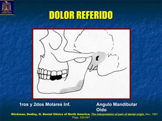 DOLOR REFERIDO




     1ros y 2dos Molares Inf.                                 Angulo Mandibular
                                                              Oído
Glickman, Dudley, H. Dental Clinics of North America: The interpretation of pain of dental origin. Nov, 1967
                                         Págs. 535-547
 
