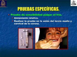 PRUEBAS ESPECÍFICAS.
Prueba de sensibilidad pulpar al frío.
  Aislamiento relativo.
  Realizar la prueba en la unión del tercio medio y
  cervical de la corona.
 
