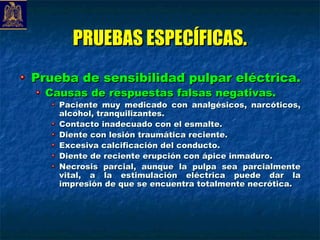 PRUEBAS ESPECÍFICAS.
Prueba de sensibilidad pulpar eléctrica.
  Causas de respuestas falsas negativas.
    Paciente muy medicado con analgésicos, narcóticos,
    alcohol, tranquilizantes.
    Contacto inadecuado con el esmalte.
    Diente con lesión traumática reciente.
    Excesiva calcificación del conducto.
    Diente de reciente erupción con ápice inmaduro.
    Necrosis parcial, aunque la pulpa sea parcialmente
    vital, a la estimulación eléctrica puede dar la
    impresión de que se encuentra totalmente necrótica.
 