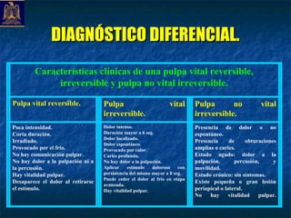 DIAGNÓSTICO DIFERENCIAL.
        Características clínicas de una pulpa vital reversible,
             irreversible y pulpa no vital irreversible.

Pulpa vital reversible.            Pulpa                         vital      Pulpa       no             vital
                                   irreversible.                            irreversible.
Poca intensidad.                   Dolor intenso.                           Presencia de dolor o no
Corta duración.                    Duración mayor a 6 seg.                  espontáneo.
                                   Dolor localizado.
Irradiado.                                                                  Presencia      de     obturaciones
                                   Dolor espontáneo.
Provocado por el frío.             Provocado por calor.                     amplias o caries.
No hay comunicación pulpar.        Caries profunda.                         Estado agudo: dolor a la
No hay dolor a la palpación ni a   No hay dolor a la palpación.             palpación,        percusión,     y
la percusión.                      Aplicar     estímulo   doloroso    con   movilidad.
Hay vitalidad pulpar.              persistencia del mismo mayor a 8 seg.    Estado crónico: sin síntomas.
                                   Puede ceder el dolor al frío en etapa
Desaparece el dolor al retirarse                                            Existe pequeña o gran lesión
                                   avanzada.
el estímulo.                       Hay vitalidad pulpar.                    periapical o lateral.
                                                                            No    hay      vitalidad   pulpar.
 