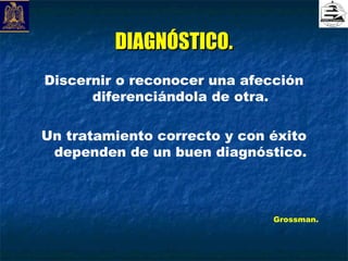 DIAGNÓSTICO.
Discernir o reconocer una afección
      diferenciándola de otra.

Un tratamiento correcto y con éxito
 dependen de un buen diagnóstico.



                              Grossman.
 