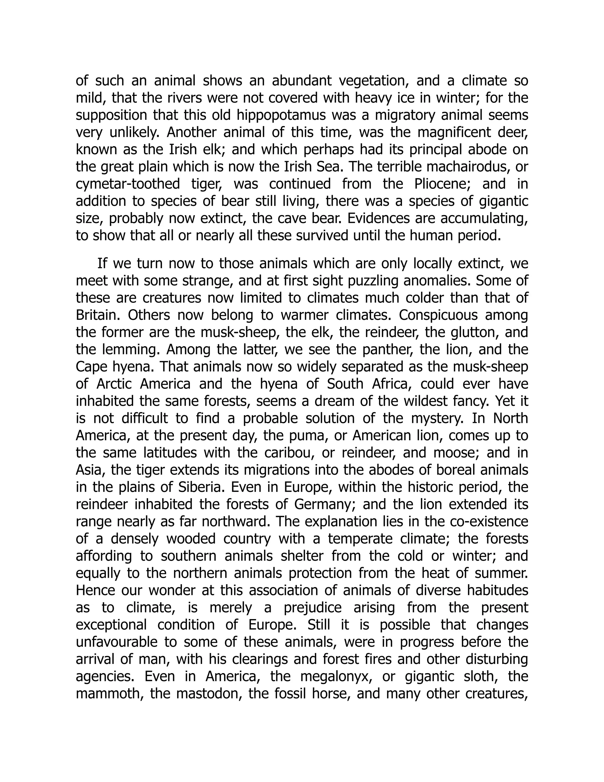 of such an animal shows an abundant vegetation, and a climate so mild, that the rivers were not covered with heavy ice in winter; for the supposition that this old hippopotamus was a migratory animal seems very unlikely. Another animal of this time, was the magnificent deer, known as the Irish elk; and which perhaps had its principal abode on the great plain which is now the Irish Sea. The terrible machairodus, or cymetar-toothed tiger, was continued from the Pliocene; and in addition to species of bear still living, there was a species of gigantic size, probably now extinct, the cave bear. Evidences are accumulating, to show that all or nearly all these survived until the human period. If we turn now to those animals which are only locally extinct, we meet with some strange, and at first sight puzzling anomalies. Some of these are creatures now limited to climates much colder than that of Britain. Others now belong to warmer climates. Conspicuous among the former are the musk-sheep, the elk, the reindeer, the glutton, and the lemming. Among the latter, we see the panther, the lion, and the Cape hyena. That animals now so widely separated as the musk-sheep of Arctic America and the hyena of South Africa, could ever have inhabited the same forests, seems a dream of the wildest fancy. Yet it is not difficult to find a probable solution of the mystery. In North America, at the present day, the puma, or American lion, comes up to the same latitudes with the caribou, or reindeer, and moose; and in Asia, the tiger extends its migrations into the abodes of boreal animals in the plains of Siberia. Even in Europe, within the historic period, the reindeer inhabited the forests of Germany; and the lion extended its range nearly as far northward. The explanation lies in the co-existence of a densely wooded country with a temperate climate; the forests affording to southern animals shelter from the cold or winter; and equally to the northern animals protection from the heat of summer. Hence our wonder at this association of animals of diverse habitudes as to climate, is merely a prejudice arising from the present exceptional condition of Europe. Still it is possible that changes unfavourable to some of these animals, were in progress before the arrival of man, with his clearings and forest fires and other disturbing agencies. Even in America, the megalonyx, or gigantic sloth, the mammoth, the mastodon, the fossil horse, and many other creatures, 