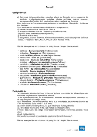 Anexo 2 
“Estágio Inicial 
a) fisionomia herbáceo/arbustiva, cobertura aberta ou fechada, com a presença de 
espécies predominantemente heliófitas; plantas lenhosas, quando ocorrem, 
apresentam DAP médio de 5 centímetros e altura média de até 5 metros; 
b) os indivíduos lenhosos ocorrentes pertencem a, no máximo, 20 espécies botânicas 
por hectares; 
c) as espécies são de crescimento rápido e ciclo biológico curto; 
d) a idade da comunidade varia de 0 a 10 anos; 
e) a área basal média é de 0 a 10 metros quadrados/hectare; 
f) epífitas raras, podendo ocorrer trepadeiras; 
g) ausência de sub-mata; 
h) serapilheira, quando existente, forma uma camada fina pouco decomposta, contínua 
ou não.” ( Resolução do CONAMA, nº 6, de 04 de maio de 1994). 
Dentre as espécies encontradas na pesquisa de campo, destacam-se: 
• cambará - Lantana camara (Verbenaceae); 
• embaúba - Cecropia sp. (Cecropiaceae); 
• maricá - Mimosa bimucronata (Leguminosae); 
• vassourinha - Sida sp. (Malvaceae); 
• assa-peixe - Vernonia polyanthes (Compositae); 
• brejaúva – Astrocaryum aculeatissimum (Palmae); 
• pau-d´alho – Gallesia integrifolia (Phytolaccaceae); 
• jacarandá-bico-de-pato – Machaerium sp (Fabaceae); 
• cajá-mirim – Spondias lutea (Anacardiaceae); 
• carrapeta - Guarea guidonia (Meliaceae); 
• banana-de-morcego - Philodendron sp. 
• pau-jacaré – Piptadenia gonoacantha (Mimosaceae); 
• quaresmeira – Tibouchina granulosa (Melastomataceae); 
• rabo-de-tucano – Vochysia oppugnata (Vochysiaceae); 
• araribá – Alchornea iricurana (Euphorbiaceae); 
• crindiúva – Trema micrantha (Ulmaceae). 
“Estágio Médio 
a) fisionomia arbustivo/arbórea, cobertura fechada com início de diferenciação em 
estratos e surgimento de espécies de sombra; 
b) as espécies lenhosas, por sombreamento, eliminam as componentes herbáceas ou 
de pequeno porte do estágio inicial; 
c) as árvores têm DAP médio variando de 10 a 20 centímetros, altura média variando de 
5 até 12 metros e idade entre 11 e 25 anos; 
d) sempre existe uma serapilheira, na qual há sempre muitas plântulas; 
e) a área basal média varia de 10 a 28 metros quadrados/hectare; 
f) muitas das árvores do estágio inicial podem permanecer, porém mais grossas e mais 
altas; 
g) sub-mata presente; 
h) trepadeiras, quando presentes são predominantemente lenhosas". 
Dentre as espécies encontradas na pesquisa de campo, destacam-se: 
A B R - 2 0 0 7 
 