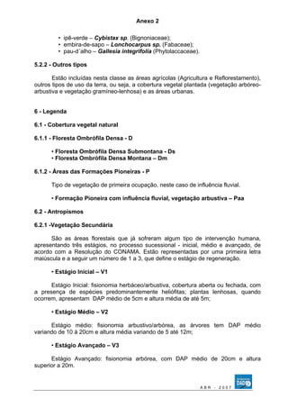 Anexo 2 
• ipê-verde – Cybistax sp. (Bignoniaceae); 
• embira-de-sapo – Lonchocarpus sp. (Fabaceae); 
• pau-d´alho – Gallesia integrifolia (Phytolaccaceae). 
5.2.2 - Outros tipos 
Estão incluídas nesta classe as áreas agrícolas (Agricultura e Reflorestamento), 
outros tipos de uso da terra, ou seja, a cobertura vegetal plantada (vegetação arbóreo-arbustiva 
e vegetação gramíneo-lenhosa) e as áreas urbanas. 
6 - Legenda 
6.1 - Cobertura vegetal natural 
6.1.1 - Floresta Ombrófila Densa - D 
• Floresta Ombrófila Densa Submontana - Ds 
• Floresta Ombrófila Densa Montana – Dm 
6.1.2 - Áreas das Formações Pioneiras - P 
Tipo de vegetação de primeira ocupação, neste caso de influência fluvial. 
• Formação Pioneira com influência fluvial, vegetação arbustiva – Paa 
6.2 - Antropismos 
6.2.1 -Vegetação Secundária 
São as áreas florestais que já sofreram algum tipo de intervenção humana, 
apresentando três estágios, no processo sucessional - inicial, médio e avançado, de 
acordo com a Resolução do CONAMA. Estão representadas por uma primeira letra 
maiúscula e a seguir um número de 1 a 3, que define o estágio de regeneração. 
• Estágio Inicial – V1 
Estágio Inicial: fisionomia herbáceo/arbustiva, cobertura aberta ou fechada, com 
a presença de espécies predominantemente heliófitas; plantas lenhosas, quando 
ocorrem, apresentam DAP médio de 5cm e altura média de até 5m; 
• Estágio Médio – V2 
Estágio médio: fisionomia arbustivo/arbórea, as árvores tem DAP médio 
variando de 10 à 20cm e altura média variando de 5 até 12m; 
• Estágio Avançado – V3 
Estágio Avançado: fisionomia arbórea, com DAP médio de 20cm e altura 
superior a 20m. 
A B R - 2 0 0 7 
 