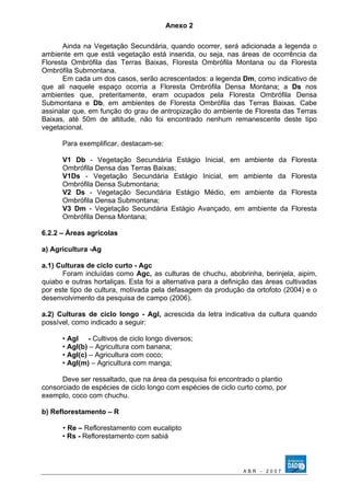 Anexo 2 
Ainda na Vegetação Secundária, quando ocorrer, será adicionada a legenda o 
ambiente em que está vegetação está inserida, ou seja, nas áreas de ocorrência da 
Floresta Ombrófila das Terras Baixas, Floresta Ombrófila Montana ou da Floresta 
Ombrófila Submontana. 
Em cada um dos casos, serão acrescentados: a legenda Dm, como indicativo de 
que ali naquele espaço ocorria a Floresta Ombrófila Densa Montana; a Ds nos 
ambientes que, preteritamente, eram ocupados pela Floresta Ombrófila Densa 
Submontana e Db, em ambientes de Floresta Ombrófila das Terras Baixas. Cabe 
assinalar que, em função do grau de antropização do ambiente de Floresta das Terras 
Baixas, até 50m de altitude, não foi encontrado nenhum remanescente deste tipo 
vegetacional. 
Para exemplificar, destacam-se: 
V1 Db - Vegetação Secundária Estágio Inicial, em ambiente da Floresta 
Ombrófila Densa das Terras Baixas; 
V1Ds - Vegetação Secundária Estágio Inicial, em ambiente da Floresta 
Ombrófila Densa Submontana; 
V2 Ds - Vegetação Secundária Estágio Médio, em ambiente da Floresta 
Ombrófila Densa Submontana; 
V3 Dm - Vegetação Secundária Estágio Avançado, em ambiente da Floresta 
Ombrófila Densa Montana; 
6.2.2 – Áreas agrícolas 
a) Agricultura -Ag 
a.1) Culturas de ciclo curto - Agc 
Foram incluídas como Agc, as culturas de chuchu, abobrinha, berinjela, aipim, 
quiabo e outras hortaliças. Esta foi a alternativa para a definição das áreas cultivadas 
por este tipo de cultura, motivada pela defasagem da produção da ortofoto (2004) e o 
desenvolvimento da pesquisa de campo (2006). 
a.2) Culturas de ciclo longo - Agl, acrescida da letra indicativa da cultura quando 
possível, como indicado a seguir: 
• Agl - Cultivos de ciclo longo diversos; 
• Agl(b) – Agricultura com banana; 
• Agl(c) – Agricultura com coco; 
• Agl(m) – Agricultura com manga; 
Deve ser ressaltado, que na área da pesquisa foi encontrado o plantio 
consorciado de espécies de ciclo longo com espécies de ciclo curto como, por 
exemplo, coco com chuchu. 
b) Reflorestamento – R 
• Re – Reflorestamento com eucalipto 
• Rs - Reflorestamento com sabiá 
A B R - 2 0 0 7 
 