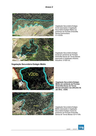 Anexo 2 
Vegetação Secundária Estágio 
Inicial associada à Vegetação 
Secundária Estágio Médio em 
ambiente de Floresta Ombrófila 
Densa Submontana 
V1+V2/Ds 
Vegetação Secundária Estágio 
Inicial em ambiente de Floresta 
Ombrófila Densa de Terras Baixas 
associada à Vegetação Arbóreo 
Arbustiva -V1Db+Va. 
Vegetação Secundária Estágio Médio 
Vegetação Secundária Estágio 
Médio em ambiente de Floresta 
Ombrófila Densa de Terras 
Baixas (situados nas altitudes de 
até 50m) -V2Db 
Vegetação Secundária Estágio 
Médio associada à Vegetação 
Secundária Estágio Inicial em 
ambiente de Floresta Ombrófila 
Densa de Terras Baixas V2+V1/Db. 
A B R - 2 0 0 7 
 