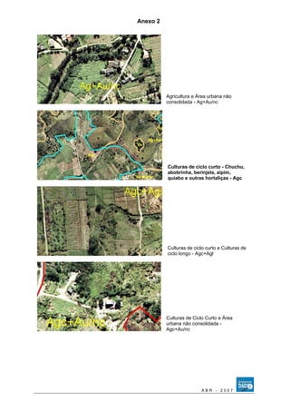 Anexo 2 
Agricultura e Área urbana não 
consolidada - Ag+Au/nc 
Culturas de ciclo curto - Chuchu, 
abobrinha, berinjela, aipim, 
quiabo e outras hortaliças - Agc 
Culturas de ciclo curto e Culturas de 
ciclo longo - Agc+Agl 
Culturas de Ciclo Curto e Área 
urbana não consolidada - 
Agc+Au/nc 
A B R - 2 0 0 7 
 