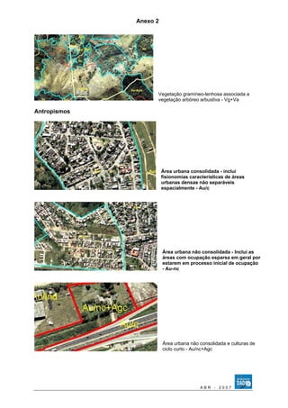 Anexo 2 
Vegetação gramíneo-lenhosa associada a 
vegetação arbóreo arbustiva - Vg+Va 
Antropismos 
Área urbana consolidada - inclui 
fisionomias características de áreas 
urbanas densas não separáveis 
espacialmente - Au/c 
Área urbana não consolidada - Inclui as 
áreas com ocupação esparsa em geral por 
estarem em processo inicial de ocupação 
- Au-nc 
Área urbana não consolidada e culturas de 
ciclo curto - Au/nc+Agc 
A B R - 2 0 0 7 
 
