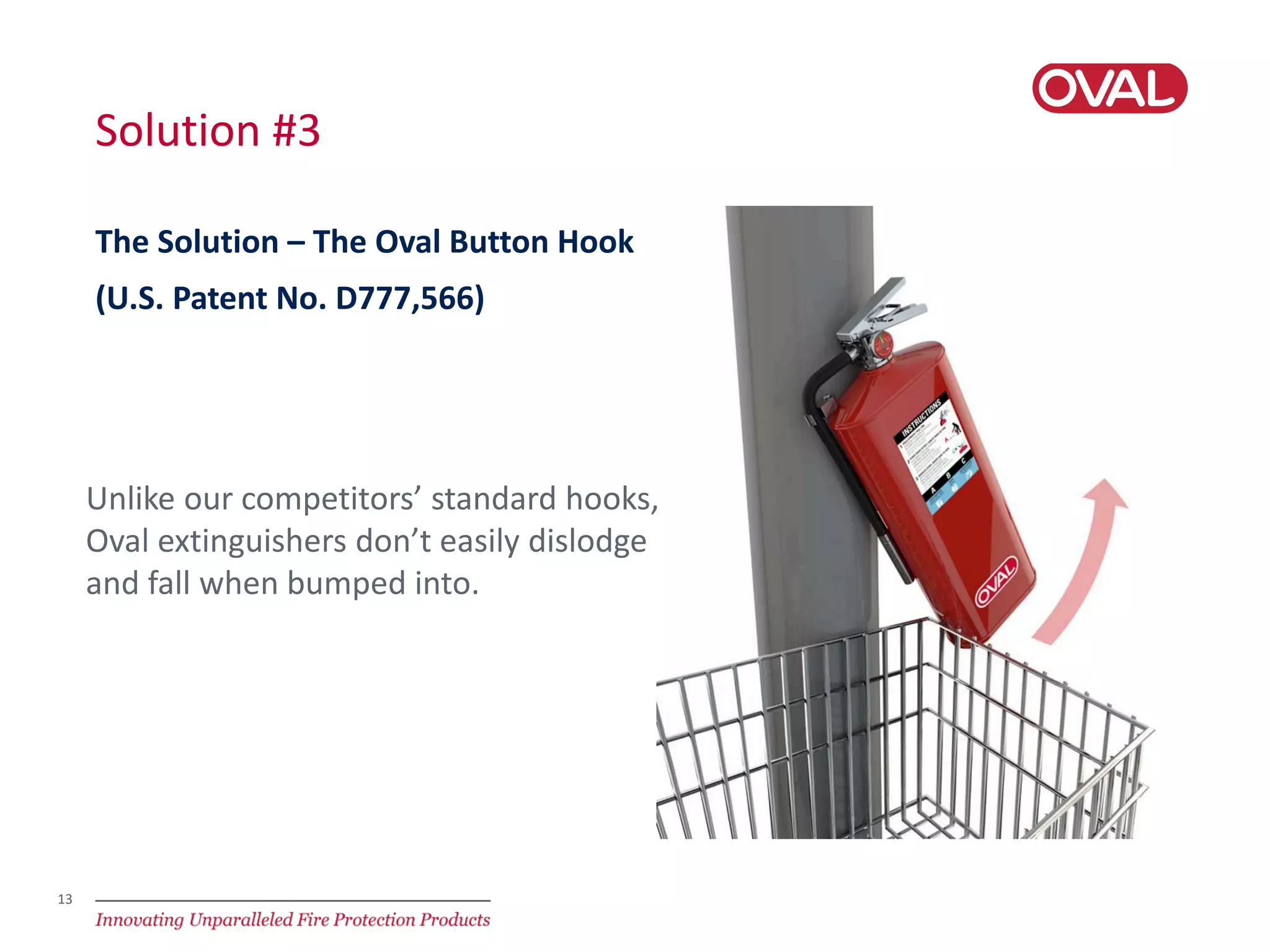 13
Solution #3
The Solution – The Oval Button Hook
(U.S. Patent No. D777,566)
Unlike our competitors’ standard hooks,
Oval extinguishers don’t easily dislodge
and fall when bumped into.
 