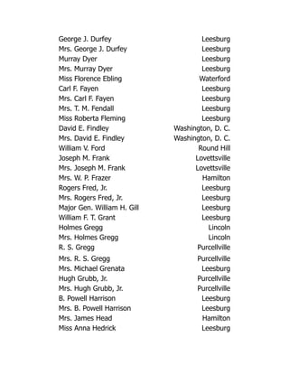 George J. Durfey Leesburg
Mrs. George J. Durfey Leesburg
Murray Dyer Leesburg
Mrs. Murray Dyer Leesburg
Miss Florence Ebling Waterford
Carl F. Fayen Leesburg
Mrs. Carl F. Fayen Leesburg
Mrs. T. M. Fendall Leesburg
Miss Roberta Fleming Leesburg
David E. Findley Washington, D. C.
Mrs. David E. Findley Washington, D. C.
William V. Ford Round Hill
Joseph M. Frank Lovettsville
Mrs. Joseph M. Frank Lovettsville
Mrs. W. P. Frazer Hamilton
Rogers Fred, Jr. Leesburg
Mrs. Rogers Fred, Jr. Leesburg
Major Gen. William H. Gill Leesburg
William F. T. Grant Leesburg
Holmes Gregg Lincoln
Mrs. Holmes Gregg Lincoln
R. S. Gregg Purcellville
Mrs. R. S. Gregg Purcellville
Mrs. Michael Grenata Leesburg
Hugh Grubb, Jr. Purcellville
Mrs. Hugh Grubb, Jr. Purcellville
B. Powell Harrison Leesburg
Mrs. B. Powell Harrison Leesburg
Mrs. James Head Hamilton
Miss Anna Hedrick Leesburg
 