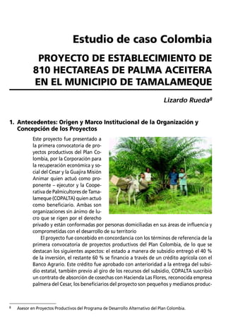PROGRAMA DE DESARROLLO ALTERNATIVO PREVENTIVO EN LA FRONTERA NORTE DEL ECUADOR / Glauco Bustos   63



                                  Estudio de caso Colombia
             PROYECTO DE ESTABLECIMIENTO DE
            810 HECTAREAS DE PALMA ACEITERA
            EN EL MUNICIPIO DE TAMALAMEQUE
                                                                                   Lizardo Rueda8


1. Antecedentes: Origen y Marco Institucional de la Organización y
   Concepción de los Proyectos
            Este proyecto fue presentado a
            la primera convocatoria de pro-
            yectos productivos del Plan Co-
            lombia, por la Corporación para
            la recuperación económica y so-
            cial del Cesar y la Guajira Misión
            Animar quien actuó como pro-
            ponente – ejecutor y la Coope-
            rativa de Palmicultores de Tama-
            lameque (COPALTA) quien actuó
            como beneficiario. Ambas son
            organizaciones sin ánimo de lu-
            cro que se rigen por el derecho
            privado y están conformadas por personas domiciliadas en sus áreas de influencia y
            comprometidas con el desarrollo de su territorio
                 El proyecto fue concebido en concordancia con los términos de referencia de la
            primera convocatoria de proyectos productivos del Plan Colombia, de lo que se
            destacan los siguientes aspectos: el estado a manera de subsidio entregó el 40 %
            de la inversión, el restante 60 % se financio a través de un crédito agrícola con el
            Banco Agrario. Este crédito fue aprobado con anterioridad a la entrega del subsi-
            dio estatal, también previo al giro de los recursos del subsidio, COPALTA suscribió
            un contrato de absorción de cosechas con Hacienda Las Flores, reconocida empresa
            palmera del Cesar, los beneficiarios del proyecto son pequeños y medianos produc-



8   Asesor en Proyectos Productivos del Programa de Desarrollo Alternativo del Plan Colombia.
 
