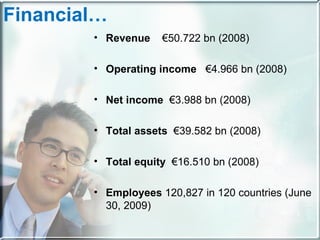 Financial… Revenue   €50.722 bn (2008) Operating income   €4.966 bn (2008) Net income  €3.988 bn (2008) Total assets  €39.582 bn (2008) Total equity   €16.510 bn (2008) Employees  120,827 in 120 countries (June 30, 2009) 