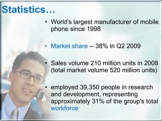Statistics… World's largest manufacturer of mobile phone since 1998 Market share  -- 38% in Q2 2009 Sales volume 210 million units in 2008 (total market volume 520 million units) employed 39,350 people in research and development, representing approximately 31% of the group's total  workforce 