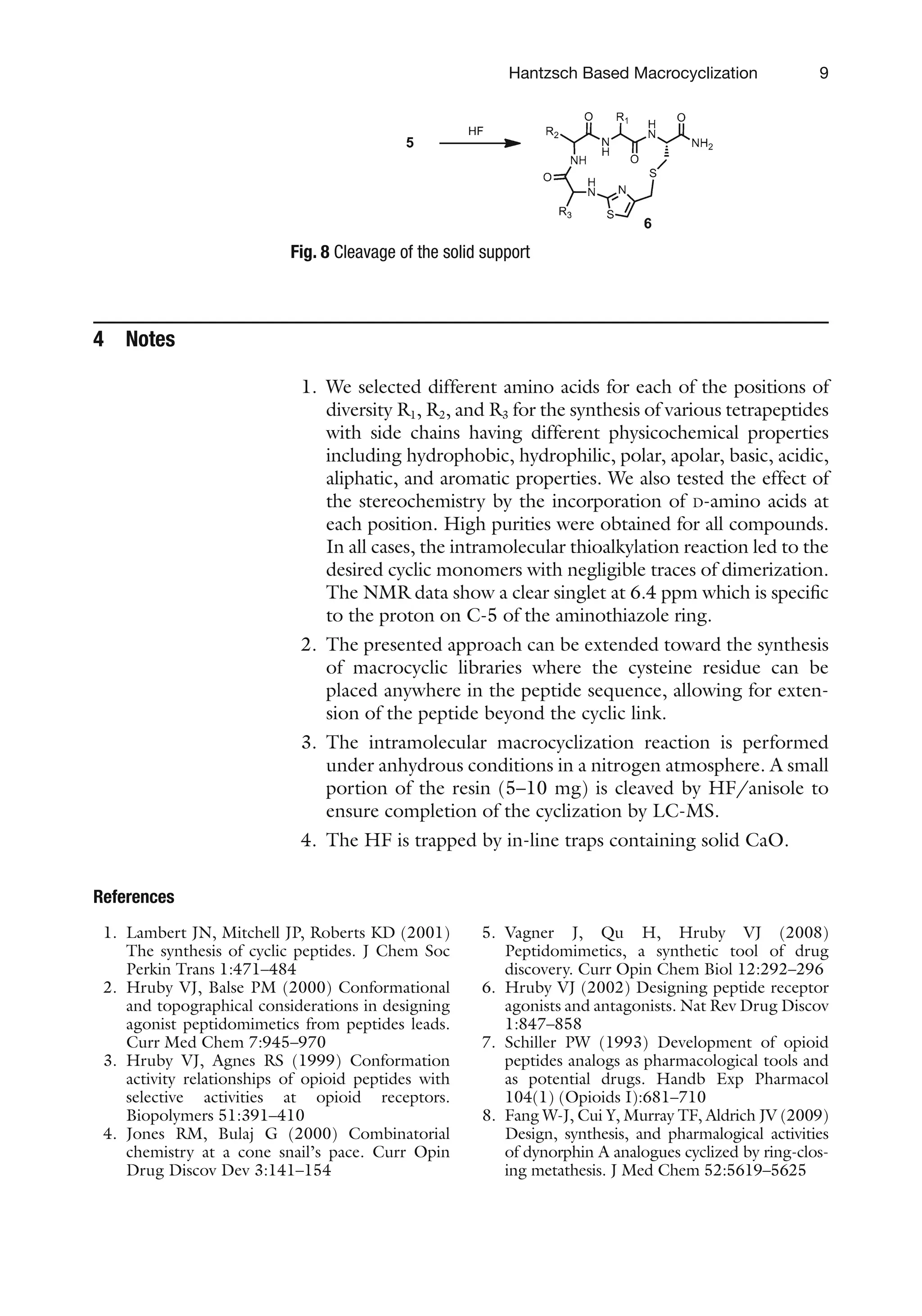 9
4 Notes
1. We selected different amino acids for each of the positions of
diversity R1, R2, and R3 for the synthesis of various tetrapeptides
with side chains having different physicochemical properties
including hydrophobic, hydrophilic, polar, apolar, basic, acidic,
aliphatic, and aromatic properties. We also tested the effect of
the stereochemistry by the incorporation of D-amino acids at
each position. High purities were obtained for all compounds.
In all cases, the intramolecular thioalkylation reaction led to the
desired cyclic monomers with negligible traces of dimerization.
The NMR data show a clear singlet at 6.4 ppm which is specific
to the proton on C-5 of the aminothiazole ring.
2. The presented approach can be extended toward the synthesis
of macrocyclic libraries where the cysteine residue can be
placed anywhere in the peptide sequence, allowing for exten-
sion of the peptide beyond the cyclic link.
3. The intramolecular macrocyclization reaction is performed
under anhydrous conditions in a nitrogen atmosphere. A small
portion of the resin (5–10 mg) is cleaved by HF/anisole to
ensure completion of the cyclization by LC-MS.
4. The HF is trapped by in-line traps containing solid CaO.
References
Fig. 8 Cleavage of the solid support
1. Lambert JN, Mitchell JP, Roberts KD (2001)
The synthesis of cyclic peptides. J Chem Soc
Perkin Trans 1:471–484
2. Hruby VJ, Balse PM (2000) Conformational
and topographical considerations in designing
agonist peptidomimetics from peptides leads.
Curr Med Chem 7:945–970
3. Hruby VJ, Agnes RS (1999) Conformation
activity relationships of opioid peptides with
selective activities at opioid receptors.
Biopolymers 51:391–410
4. Jones RM, Bulaj G (2000) Combinatorial
chemistry at a cone snail’s pace. Curr Opin
Drug Discov Dev 3:141–154
5. Vagner J, Qu H, Hruby VJ (2008)
Peptidomimetics, a synthetic tool of drug
discovery. Curr Opin Chem Biol 12:292–296
6. Hruby VJ (2002) Designing peptide receptor
agonists and antagonists. Nat Rev Drug Discov
1:847–858
7. Schiller PW (1993) Development of opioid
peptides analogs as pharmacological tools and
as potential drugs. Handb Exp Pharmacol
104(1) (Opioids I):681–710
8. Fang W-J, Cui Y, Murray TF, Aldrich JV (2009)
Design, synthesis, and pharmalogical activities
of dynorphin A analogues cyclized by ring-clos-
ing metathesis. J Med Chem 52:5619–5625
Hantzsch Based Macrocyclization
 