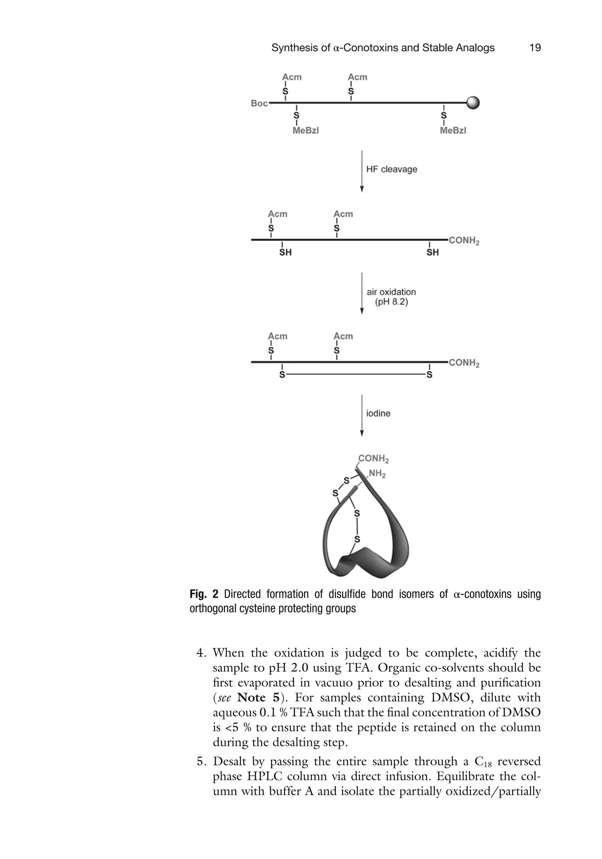 19
4. When the oxidation is judged to be complete, acidify the
sample to pH 2.0 using TFA. Organic co-solvents should be
first evaporated in vacuuo prior to desalting and purification
(see Note 5). For samples containing DMSO, dilute with
aqueous 0.1 % TFA such that the final concentration of DMSO
is <5 % to ensure that the peptide is retained on the column
during the desalting step.
5. Desalt by passing the entire sample through a C18 reversed
phase HPLC column via direct infusion. Equilibrate the col-
umn with buffer A and isolate the partially oxidized/partially
Fig. 2 Directed formation of disulfide bond isomers of α-conotoxins using
orthogonal cysteine protecting groups
Synthesis of α-Conotoxins and Stable Analogs
 