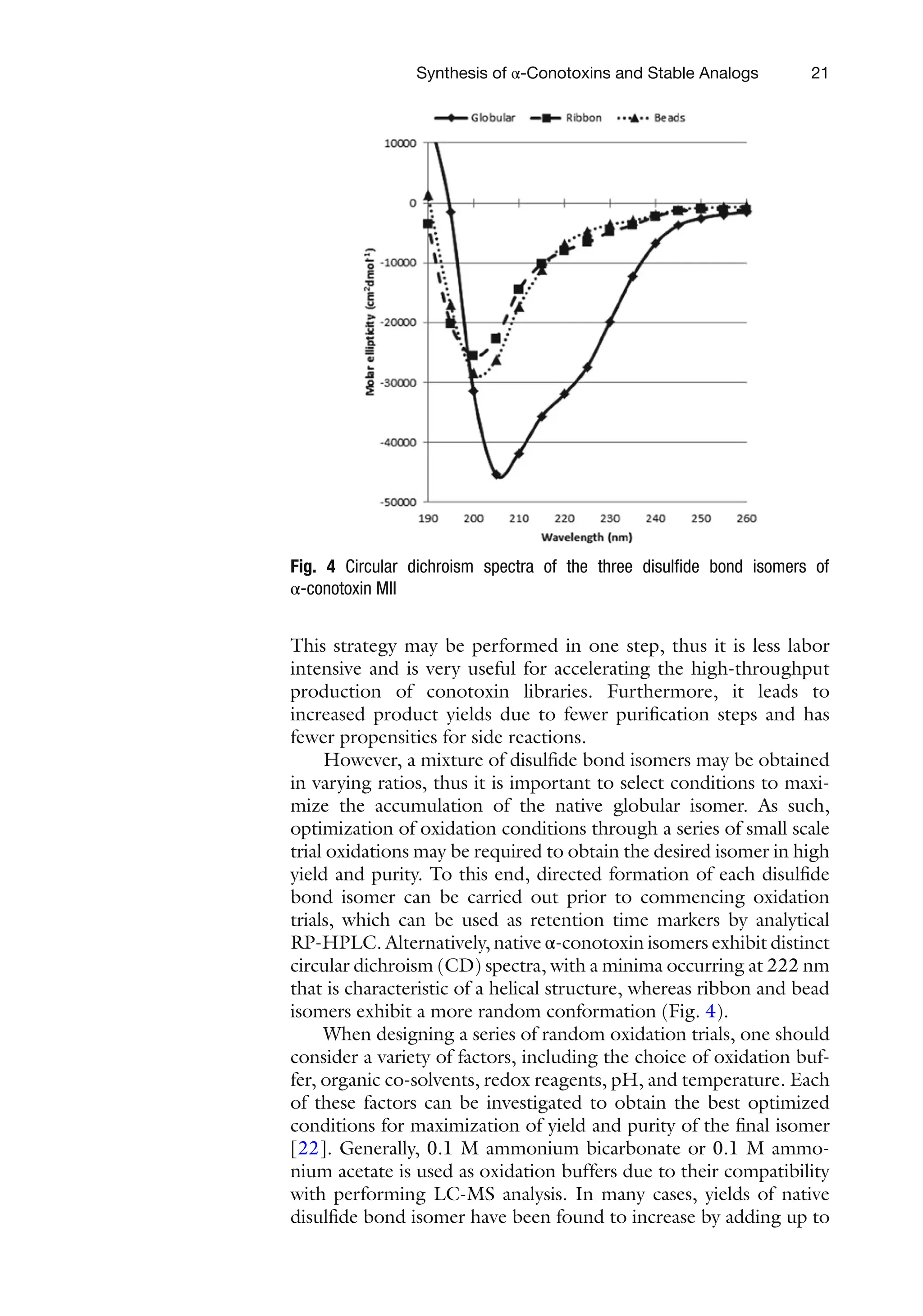 21
This strategy may be performed in one step, thus it is less labor
intensive and is very useful for accelerating the high-throughput
production of conotoxin libraries. Furthermore, it leads to
increased product yields due to fewer purification steps and has
fewer propensities for side reactions.
However, a mixture of disulfide bond isomers may be obtained
in varying ratios, thus it is important to select conditions to maxi-
mize the accumulation of the native globular isomer. As such,
optimization of oxidation conditions through a series of small scale
trial oxidations may be required to obtain the desired isomer in high
yield and purity. To this end, directed formation of each disulfide
bond isomer can be carried out prior to commencing oxidation
trials, which can be used as retention time markers by analytical
RP-HPLC. Alternatively, native α-conotoxin isomers exhibit distinct
circular dichroism (CD) spectra, with a minima occurring at 222 nm
that is characteristic of a helical structure, whereas ribbon and bead
isomers exhibit a more random conformation (Fig. 4).
When designing a series of random oxidation trials, one should
consider a variety of factors, including the choice of oxidation buf-
fer, organic co-solvents, redox reagents, pH, and temperature. Each
of these factors can be investigated to obtain the best optimized
conditions for maximization of yield and purity of the final isomer
[22]. Generally, 0.1 M ammonium bicarbonate or 0.1 M ammo-
nium acetate is used as oxidation buffers due to their compatibility
with performing LC-MS analysis. In many cases, yields of native
disulfide bond isomer have been found to increase by adding up to
Fig. 4 Circular dichroism spectra of the three disulfide bond isomers of
α-conotoxin MII
Synthesis of α-Conotoxins and Stable Analogs
 