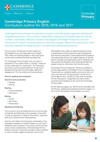 Cambridge Primary English
Curriculum outline for 2015, 2016 and 2017
Cambridge Primary combines a world-class curriculum with high-quality support for teachers and
integrated assessment. The curriculum is dedicated to helping schools develop learners who are
confident, responsible, reflective, innovative and engaged. Cambridge Primary has curriculum
frameworks for English (including English as a Second Language), Mathematics and Science which
have been designed to engage learners in an active and creative learning journey.
Cambridge Primary offers an optional testing structure
to assess learner performance and report progress for
both learners and parents. These assessments provide an
international benchmark that enables teachers to identify
learner strengths and weaknesses within individuals and
class groups and develop further teaching and learning
support using the information from the test results.
Cambridge Primary Progression Tests are available to
schools registered for Cambridge Primary for stages 3–6.
These tests are marked by teachers and come with full
mark schemes and marking guidance. At the end of
Cambridge Primary, schools can also offer Cambridge
Primary Checkpoint, a diagnostic test which offers
comprehensive feedback at the end of the Cambridge
Primary stage.
On the following pages, you will find some examples from
the Phonics, spelling and vocabulary strand for stages 1, 3
and 5 of the Cambridge Primary English curriculum.
The curriculum frameworks for each subject for
Cambridge Primary are organised into six stages.
They reflect the teaching target for each year group
and provide comprehensive learning objectives.
For Cambridge Primary English, the curriculum is
presented in five content areas or ‘strands’. These are
further subdivided into ‘substrands’. The framework
promotes an enquiry-based approach to learning to
develop thinking skills and encourage intellectual
engagement. The five strands and substrands are:
Phonics, spelling and vocabulary
Grammar and punctuation
•	Reading
•	Writing
Reading
•	Fiction and poetry
•	Non-fiction
Writing
•	Fiction
•	Non-fiction
•	Presentation
Speaking and listening
The curriculum aims to enable learners to communicate
confidently and effectively and to develop critical skills
in order to respond to a range of information, media and
texts with enjoyment and understanding.
Learners who follow this framework will develop a first-
language competency in English based on a curriculum
designed to be successful in any culture and to promote
cross-cultural understanding. The Cambridge Primary
English curriculum framework provides a solid foundation
on which the later stages of education can be built.
 