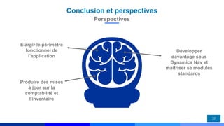 Conclusion et perspectives
37
Perspectives
Produire des mises
à jour sur la
comptabilité et
l’inventaire
Elargir le périmètre
fonctionnel de
l'application
Développer
davantage sous
Dynamics Nav et
maitriser se modules
standards
 