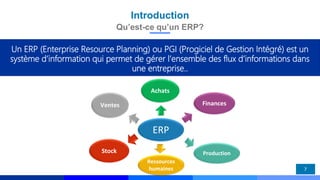 Introduction
7
Qu’est-ce qu’un ERP?
Un ERP (Enterprise Resource Planning) ou PGI (Progiciel de Gestion Intégré) est un
système d’information qui permet de gérer l’ensemble des flux d’informations dans
une entreprise..
ERP
Finances
Production
Achats
Ventes
Stock
Ressources
humaines
 