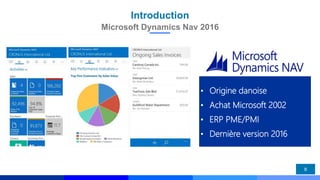 Introduction
8
Microsoft Dynamics Nav 2016
• Origine danoise
• Achat Microsoft 2002
• ERP PME/PMI
• Dernière version 2016
 