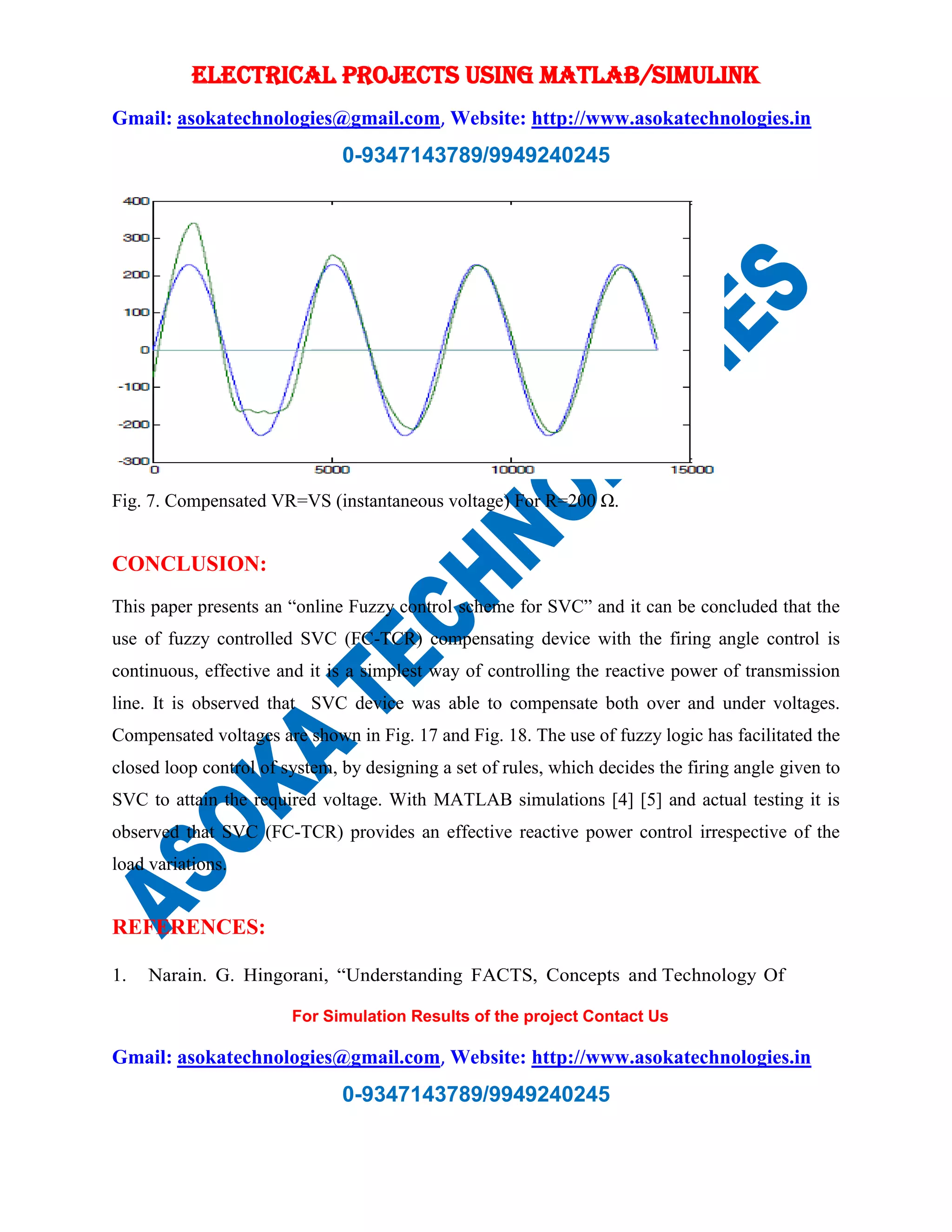 ELECTRICAL PROJECTS USING MATLAB/SIMULINK 
Gmail: asokatechnologies@gmail.com, Website: http://www.asokatechnologies.in 
0-9347143789/9949240245 
Fig. 7. Compensated VR=VS (instantaneous voltage) For R=200 Ω. 
For Simulation Results of the project Contact Us 
Gmail: asokatechnologies@gmail.com, Website: http://www.asokatechnologies.in 
0-9347143789/9949240245 
CONCLUSION: 
This paper presents an “online Fuzzy control scheme for SVC” and it can be concluded that the 
use of fuzzy controlled SVC (FC-TCR) compensating device with the firing angle control is 
continuous, effective and it is a simplest way of controlling the reactive power of transmission 
line. It is observed that SVC device was able to compensate both over and under voltages. 
Compensated voltages are shown in Fig. 17 and Fig. 18. The use of fuzzy logic has facilitated the 
closed loop control of system, by designing a set of rules, which decides the firing angle given to 
SVC to attain the required voltage. With MATLAB simulations [4] [5] and actual testing it is 
observed that SVC (FC-TCR) provides an effective reactive power control irrespective of the 
load variations. 
REFERENCES: 
1. Narain. G. Hingorani, “Understanding FACTS, Concepts and Technology Of 
 