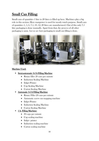 33
Small Can Filling:
Small cans of quantities 1 litre to 20 litres is filled up here. Machines play a big
role in this section. Here manpower is used for mostly watch purpose. Small cans
of quantities 1, 5, 6, 7.5, 10, 12, 20 litres are manufactured. Out of this only 7.5
litre packaging is done manually. Apart from that, the process of all other
packaging is same. Let us see how packaging in small can filling is done.
Machine Used:
 Semi-automatic 3-5 lt Filling Machine
 Rotary filler 20 cans per minute
 Induction Sealing Machine
 Inkjet Printer
 Cap Sealing Machine
 Carton Sealing Machine
 Automatic 3-5 lt Filling Machine
 Rotary Filler 20 cans per minute
 Automatic screw can mapping machine
 Inkjet Printer
 Induction Sealing Machine
 Carton Sealing Machine
 1 lt. Filling Machine:
 80 caps per minute
 Cap sealing machine
 Inkjet printer
 Induction sealing machine
 Carton sealing machine
 