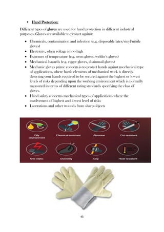 45
 Hand Protection:
Different types of gloves are used for hand protection in different industrial
purposes. Gloves are available to protect against:
 Chemicals, contamination and infection (e.g. disposable latex/vinyl/nitrile
gloves)
 Electricity, when voltage is too high
 Extremes of temperature (e.g. oven gloves, welder's gloves)
 Mechanical hazards (e.g. rigger gloves, chainmail gloves)
 Mechanic gloves prime concern is to protect hands against mechanical type
of applications, where harsh elements of mechanical work is directly
detecting your hands required to be secured against the highest or lowest
levels of risks depending upon the working environment which is normally
measured in terms of different rating standards specifying the class of
gloves.
 Hand safety concerns mechanical types of applications where the
involvement of highest and lowest level of risks
 Lacerations and other wounds from sharp objects
 