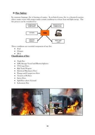 48
 Fire Safety:
In common language, fire is burning of matter. In technical terms, fire is a chemical reaction
where matter reacts with oxygen under certain conditions to release heat and light energy. The
fire process can be considered as
Three conditions are essential component of any fire:
 Fuel
 Oxygen
 Heat
Classification of fire:
 Tank Fire
 LPG Storage Vessel and Horton Spheres
 TT Cargo Fires
 Rail Tank Wagons
 Electrical Machinery Fires
 Pumps and Compressor Fires
 Trench or Pit Fires
 Sewer Fires
 Spill Fires above Ground
 Laboratory Fire
 