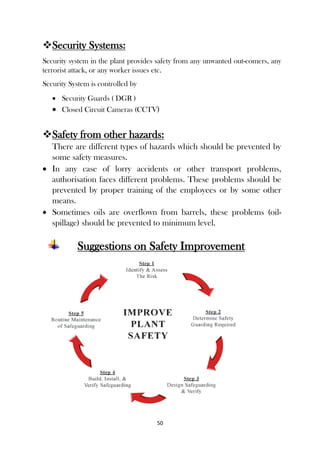 50
Security Systems:
Security system in the plant provides safety from any unwanted out-comers, any
terrorist attack, or any worker issues etc.
Security System is controlled by
 Security Guards ( DGR )
 Closed Circuit Cameras (CCTV)
Safety from other hazards:
There are different types of hazards which should be prevented by
some safety measures.
 In any case of lorry accidents or other transport problems,
authorisation faces different problems. These problems should be
prevented by proper training of the employees or by some other
means.
 Sometimes oils are overflown from barrels, these problems (oil-
spillage) should be prevented to minimum level.
Suggestions on Safety Improvement
 