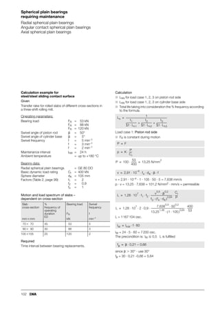 94
Spherical plain bearings
requiring maintenance
Angular contact spherical plain bearings
Axial spherical plain bearings
Page
Design and safety guidelines........................... 95
Accuracy.......................................................... 104
Special designs................................................. 105
Ordering example and ordering designation ... 105
p.
p.
S
S
Features
Angular contact spherical plain bearings
■ are complete units comprising an inner ring and
an outer ring with a steel/steel sliding contact surface
– the inner ring has a convex outer slideway
– the outer ring has a concave inner slideway
■ can support axial loads as well as radial loads
– they are thus suitable for alternating dynamic loads
■ are used, for example, where loads acting in conjunction
with small swivel angles would damage rolling element
bearings
– they are a plain bearing alternative to tapered roller
bearings of series 320 X to DIN 720
■ can transmit motion and loads with low moment levels
– they can thus keep bending stresses away from
the adjacent structure
■ are designed as standard for grease lubrication
– are lubricated via the outer ring.
Axial spherical plain bearings
■ are complete units comprising shaft locating and housing
locating washers with a steel/steel sliding contact surface
– the shaft locating washer is supported in the ball
socket-shaped sliding zone of the housing locating
washer
■ can support axial loads
■ can transmit support loads into the adjacent construction
with low moment levels
■ can be combined with radial spherical plain bearings
of dimension series E to ISO 12 240-1
– in order to support radial loads
■ are lubricated via the housing locating washer.
Angular contact spherical plain bearings
■ to ISO 12 240-2
■ for shaft diameters from 25 mm to 200 mm
Axial spherical plain bearings
■ to ISO 12 240-3
■ for shaft diameters from 10 mm to 200 mm
GE..SX
117
089
GE..AX
117
090
120
122
 