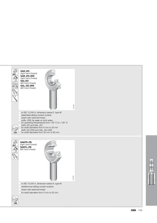 135
Chamfer
dimension
Basic load ratings Radial internal
clearance
Shaft
diameter
h C1  l1 l2 l7 r1s dyn.
Cr
stat.
C0r
2)
Degrees min. N N d
36 4,4 13 18 46,5 12 0,3 3 600 6 920 0 – 0,032 6
42 6 15 22 54 14 0,3 5 850 12 900 0 – 0,032 8
48 7 12 26 62,5 15 0,3 8 650 20 600 0 – 0,032 10
54 8 11 28 71 18 0,3 11 400 30 100 0 – 0,032 12
63 10 8 34 83 20 0,3 17 600 41 500 0 – 0,04 15
69 11 10 36 92 23 0,3 22 400 56 500 0 – 0,04 17
78 13 9 43 104,5 27 0,3 31 500 75 600 0 – 0,04 20
94 17 7 53 126 32 0,6 51 000 104 000 0 – 0,05 25
110 19 6 65 146,5 37 0,6 65 500 138 000 0 – 0,05 30
140 21 6 82 181 42 0,6 210 000 159 000 0 – 0,05 35
150 23 7 86 196 48 0,6 277 000 194 000 0 – 0,06 40
163 27 7 94 214 52 0,6 360 000 259 000 0 – 0,06 45
185 30 6 107 241 60 0,6 442 000 313 000 0 – 0,06 50
210 38 6 115 277,5 75 1 690 000 485 000 0 – 0,06 60
235 42 6 125 315 87 1 885 000 564 000 0 – 0,072 70
270 47 6 140 360 100 1 1 125 000 689 000 0 – 0,072 80
 