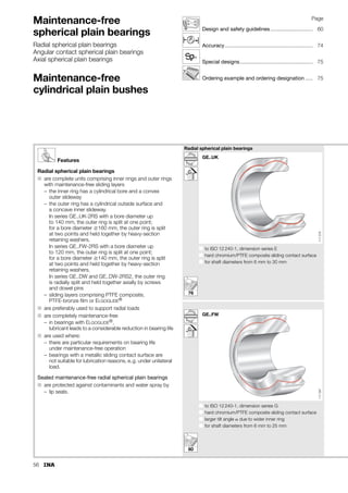 240 mm)
and hard chromium plated.
Outer ring:
■ Split at one point in
– GE..UK-2RS up to shaft diameter d = 140 mm
– GE..FW-2RS up to shaft diameter d = 120 mm
■ In larger bearings, the outer ring is split at two points and
held together using heavy-section retaining rings.
Sliding layer (Figure 1):
■ ELGOGLIDE® fixed by adhesive in the outer ring spherical
surface.
Large radial spherical plain bearings,
series GE..DW/GE..DW-2RS2
Inner ring:
■ Hardened rolling bearing steel, spherical surface ground,
polished and hard chromium plated.
Outer ring:
■ 42CrMo4-TQ to EN 10 083-1, radially split and held together
by axially arranged screws and dowel pins on one side.
Sliding layer (Figure 1):
■ ELGOGLIDE® fixed by adhesive in the outer ring spherical
surface.
Figure 1 · ELGOGLIDE® – cross-section
Series GE..SW, GE..AW
Inner ring/shaft locating washer:
■ Hardened rolling bearing steel, spherical surface ground,
polished and hard chromium plated.
Outer ring (in GE..SW)/housing locating washer (in GE..AW):
■ Hardened rolling bearing steel, spherical surface ground
– in GE 160 AW, housing locating washer made from
unhardened steel.
Sliding layer (Figure 1):
■ ELGOGLIDE® fixed by adhesive in the outer ring spherical
surface.
Resin
PTFE fabric composed
of Teflon and supporting fibres
Supporting fibres
Adhesive
on steel substrate
®
117
132
 
