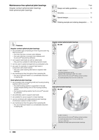 50
Materials
Spherical plain bearings requiring maintenance
These spherical plain bearings are made from high quality rolling
bearing steel. Depending on the bearing size, the raw materials
are in the form of tubes, forgings or rolled parts.
The sliding contact surface is:
■ steel/steel or steel/bronze.
The steel bearing rings are turned, hardened, ground on all
sides and surface treated.
The surface treatment – manganese phosphating with
subsequent molybdenum disulphide coating of the sliding
surfaces – gives excellent wear resistance. The effective
separation of the metallic surfaces gives optimum running-in
characteristics.
Series GE..DO, GE..DO-2RS, GE..FO, GE..FO-2RS, GE..LO,
GE..HO-2RS, GE..ZO, GE..SX and GE..AX
Inner ring and outer ring, shaft and housing locating washers:
■ Martensitic or bainitic hardened structure with low residual
austenite content.
Series GE..PB
Inner ring:
■ Hardened and ground rolling bearing steel,
spherical surface finished.
Outer ring:
■ Bronze, formed about inner ring,
outside surface subsequently precision machined.
Rod ends
Rod ends of dimension series E and K to ISO 12 240-4
■ Drop forged quenched and tempered steel C45-TQ to
EN 10 083-2
■ Surface zinc plated.
Hydraulic rod ends with internal thread
■  d = 50 mm, drop forged quenched and
tempered steel C45-TN to EN 10 083-2
■  d = 50 mm, spheroidal graphite cast iron GJS 400-15 to
EN 1563
■ Surfaces preserved.
Hydraulic rod ends with welding faces
Series GK..DO, dimension series E to ISO 12 240-4
■ Drop forged construction steel E355J2G3 to EN 10 025
■ Surfaces preserved.
Series GF..DO
■ Forged or rolled construction steel E355J2G3 to EN 10 025
■ Surfaces preserved.
 