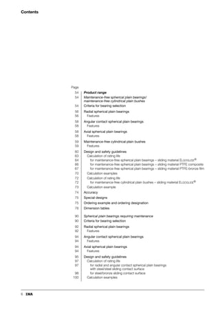 6
Page
54 Product range
54 Maintenance-free spherical plain bearings/
maintenance-free cylindrical plain bushes
54 Criteria for bearing selection
56 Radial spherical plain bearings
56 Features
58 Angular contact spherical plain bearings
58 Features
58 Axial spherical plain bearings
58 Features
59 Maintenance-free cylindrical plain bushes
59 Features
60 Design and safety guidelines
63 Calculation of rating life
64 for maintenance-free spherical plain bearings – sliding material ELGOGLIDE®
66 for maintenance-free spherical plain bearings – sliding material PTFE composite
67 for maintenance-free spherical plain bearings – sliding material PTFE-bronze film
70 Calculation examples
72 Calculation of rating life
72 for maintenance-free cylindrical plain bushes – sliding material ELGOGLIDE®
73 Calculation example
74 Accuracy
75 Special designs
75 Ordering example and ordering designation
76 Dimension tables
90 Spherical plain bearings requiring maintenance
90 Criteria for bearing selection
92 Radial spherical plain bearings
92 Features
94 Angular contact spherical plain bearings
94 Features
94 Axial spherical plain bearings
94 Features
95 Design and safety guidelines
97 Calculation of rating life
97 for radial and angular contact spherical plain bearings
with steel/steel sliding contact surface
98 for steel/bronze sliding contact surface
100 Calculation examples
Contents
 