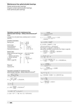62
Maintenance-free cylindrical plain bushes
Maintenance-free cylindrical plain bushes
Do not lubricate the sliding layer. Lubricant increases
wear and considerably reduces the operating life of
the bearing.
Plain bushes should not be used for movement involving
spatial alignment. Any skewing of the shaft reduces
the bearing life.
For applications involving contact with water, plain bushes with
a corrosion-resistant steel bush must be used. The “flushing
effect” will considerably increase wear of the sliding layer.
If movement is infrequent, however, the operating life may
nevertheless be sufficient. The design of the plain bush and
its suitability should be agreed with INA first.
If plain bushes come into contact with chemical media,
special measures will often be required for the bush material or
the surface treatment. The design of the plain bush and its
suitability should be agreed with INA first.
Design of bearing arrangements
The shaft and housing bore should conform to Figure 3.
■ For optimum conditions, the shaft should be hardened and
hard chromium plated or corrosion-resistant steel should be
used.
■ The shaft roughness should not exceed Rz1 if possible.
Higher roughness values will reduce the operating life of plain
bushes. Roughness values  Rz4 should be avoided.
If plain bushes are combined with outer seals, it must be taken
into consideration when designing the sealing arrangement
that:
■ the internal clearance will increase due to wear of the sliding
layer
■ the plain bush cannot be relubricated.
Fitting
Plain bushes should be pressed in using a fitting arbor
(Figure 5).
The chamfer of the fitting arbor must have rounded corners or
ends:
■ dD = d – (0,3 mm to 0,5 mm).
Sharp corners on the entry side of the shaft and arbor will
damage the sliding layer and reduce the operating life of
the plain bush.
Figure 3 · Design of adjacent components
Figure 4 · Tolerances of plain bushes
Figure 5 · Fitting by means of an arbor
Shaft
Housing
15˚
5
Rz1
dwf 7
Rz10
DA
H7
15˚

Rz10
rounded
rounded
153
062
D dH8
Bh12
p7
153
063
dD
Fitting arbor
153
064
 