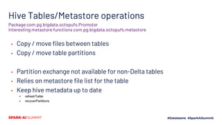 Hive Tables/Metastore operations
▪ Copy / move files between tables
▪ Copy / move table partitions
▪ Partition exchange not available for non-Delta tables
▪ Relies on metastore file list for the table
▪ Keep hive metadata up to date
▪ refreshTable
▪ recoverPartitions
Package com.pg.bigdata.octopufs.Promotor
Interesting metastore functions com.pg.bigdata.octopufs.metastore
 