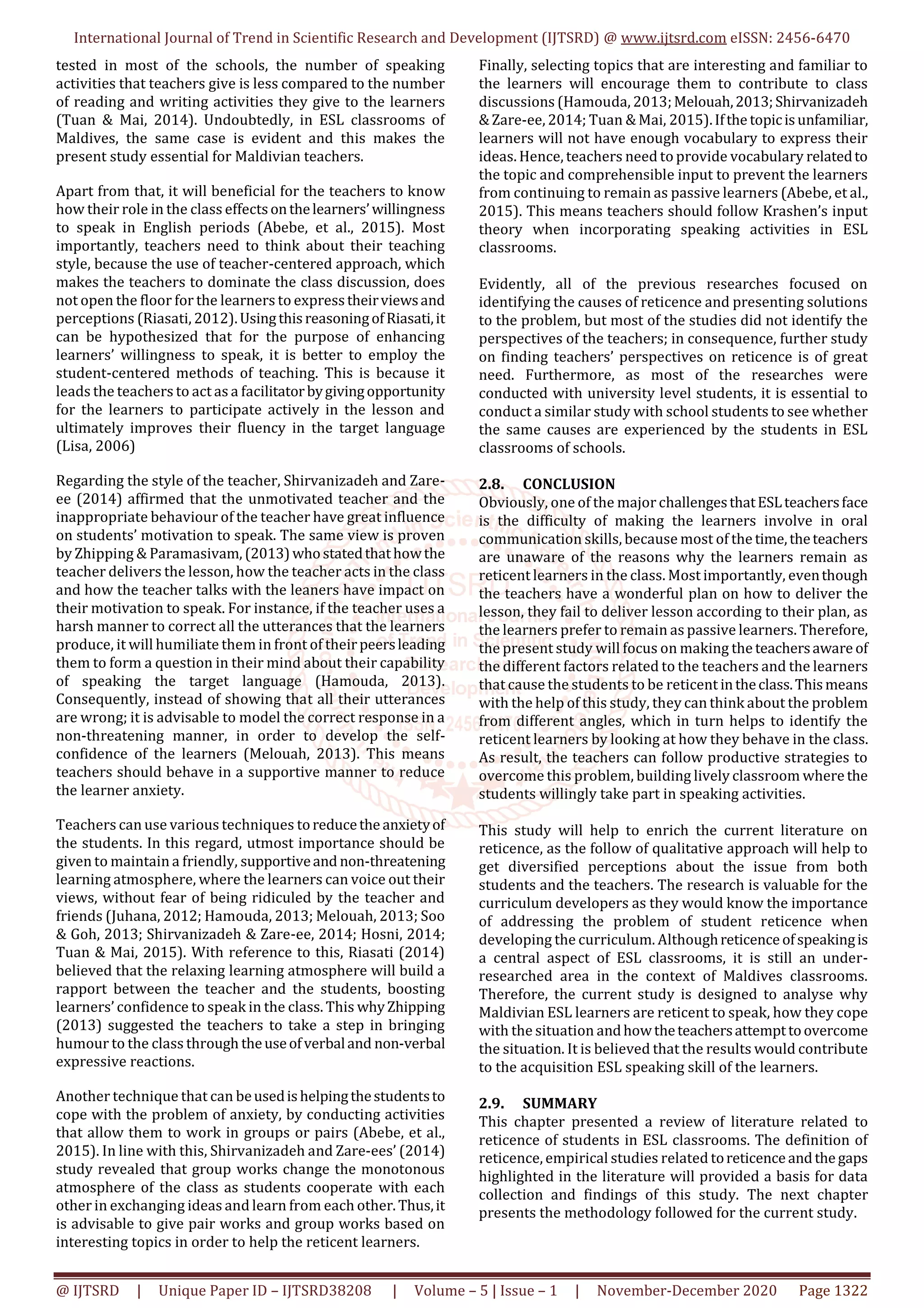 Reticence of Speaking in a Maldivian ESL Classroom Causes and Solution