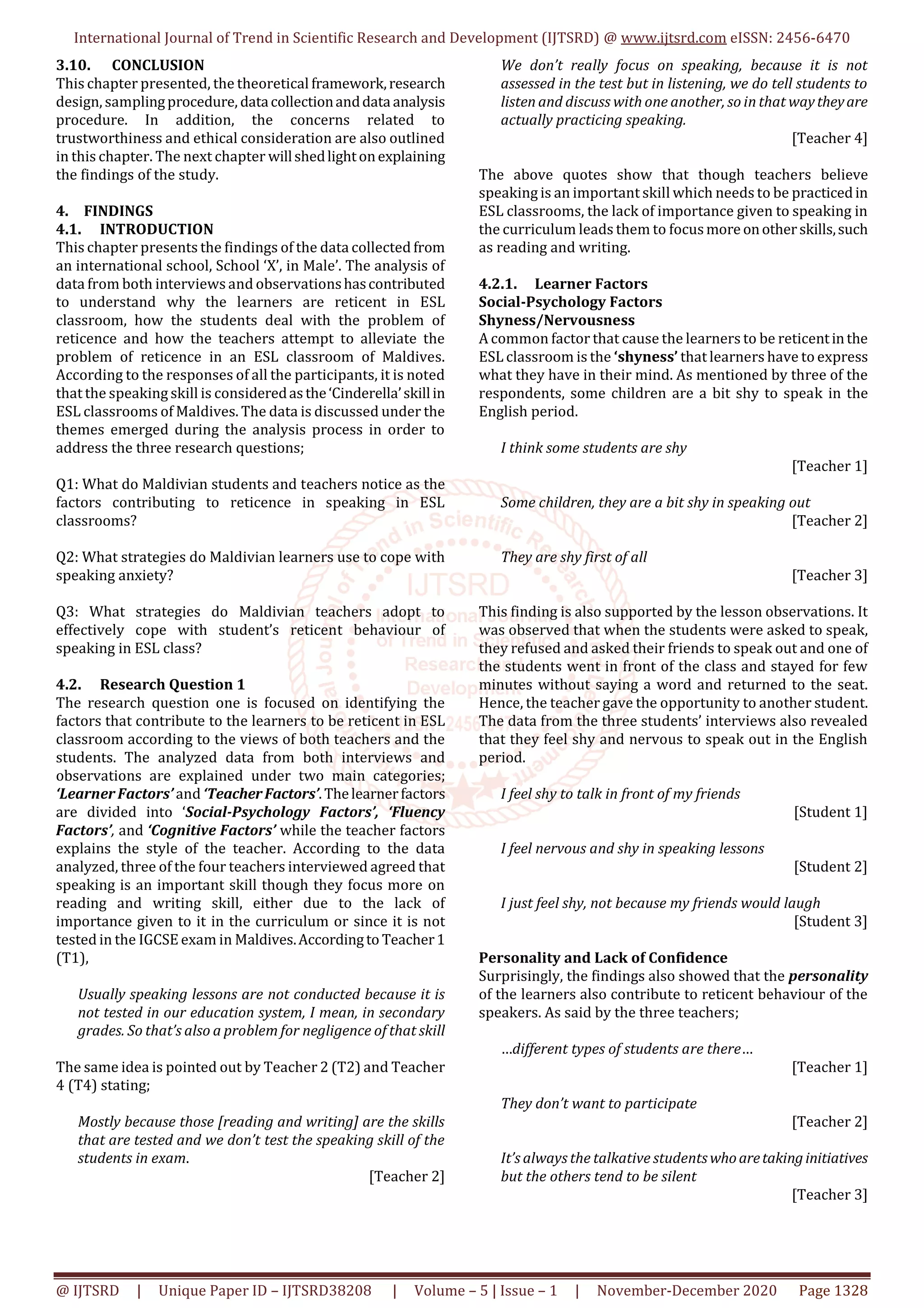 Reticence of Speaking in a Maldivian ESL Classroom Causes and Solution