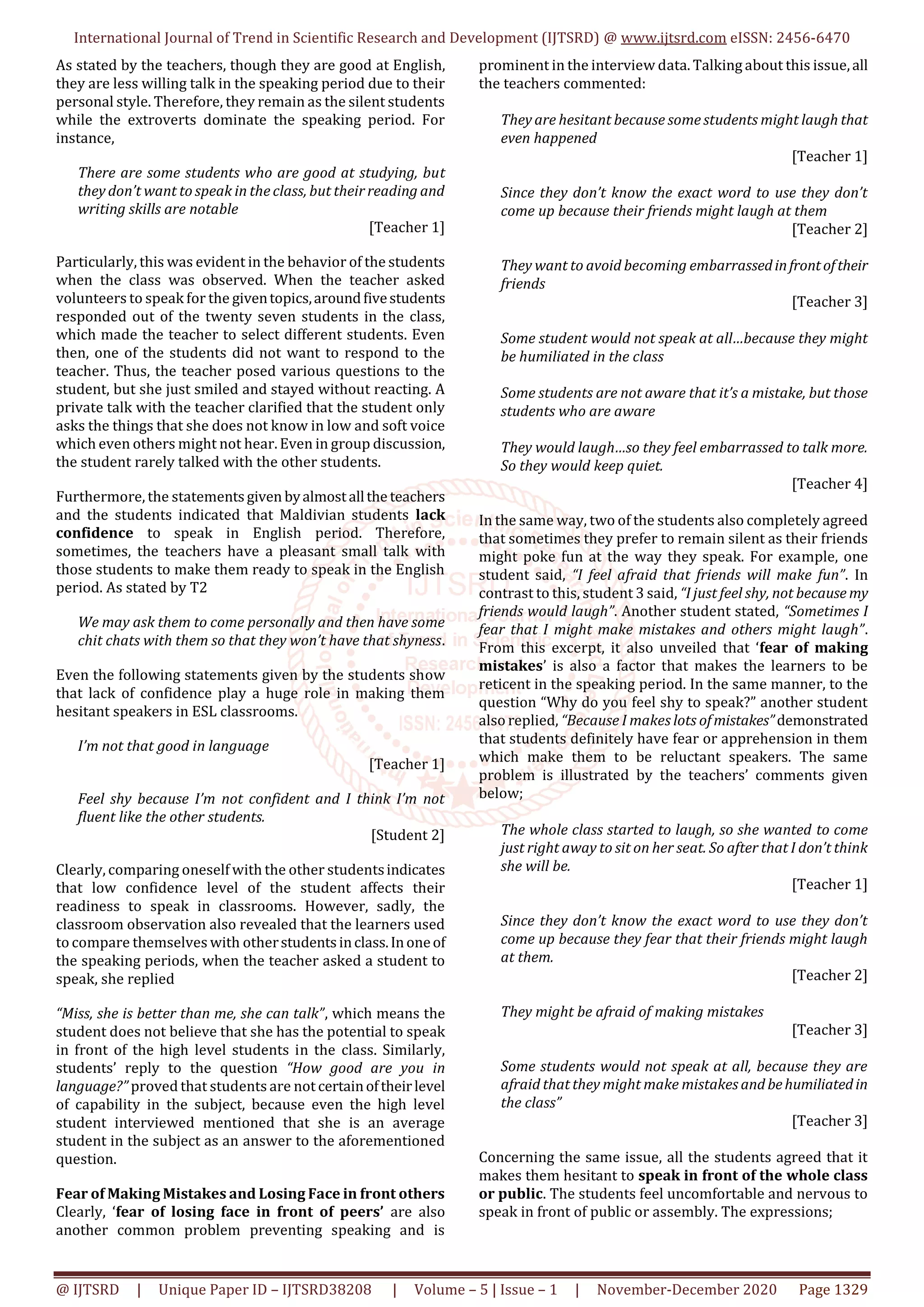 Reticence of Speaking in a Maldivian ESL Classroom Causes and Solution