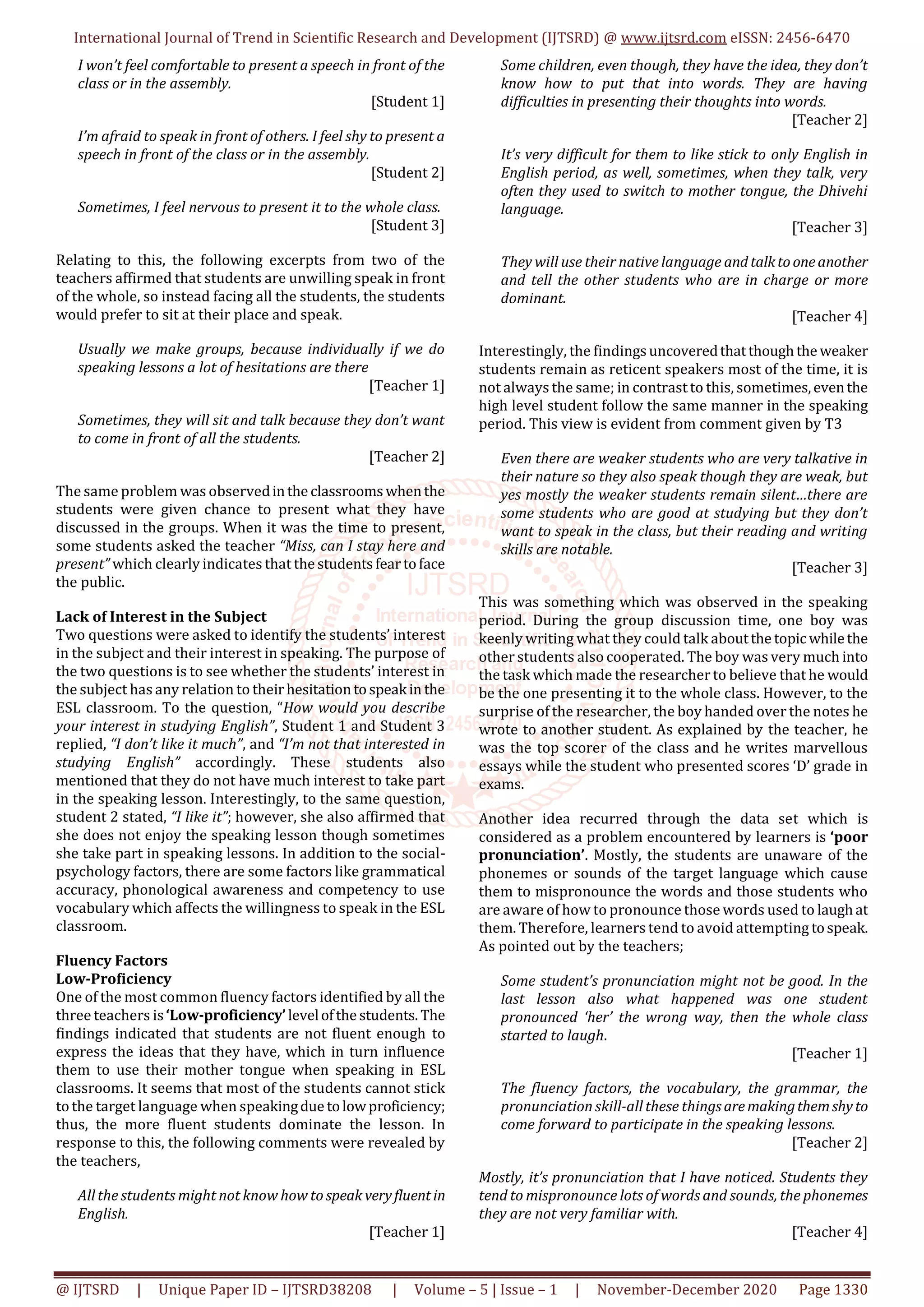 Reticence of Speaking in a Maldivian ESL Classroom Causes and Solution