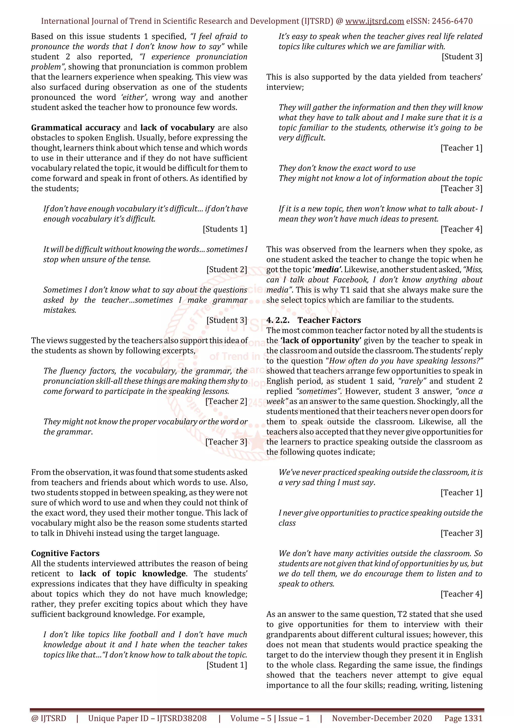 Reticence of Speaking in a Maldivian ESL Classroom Causes and Solution