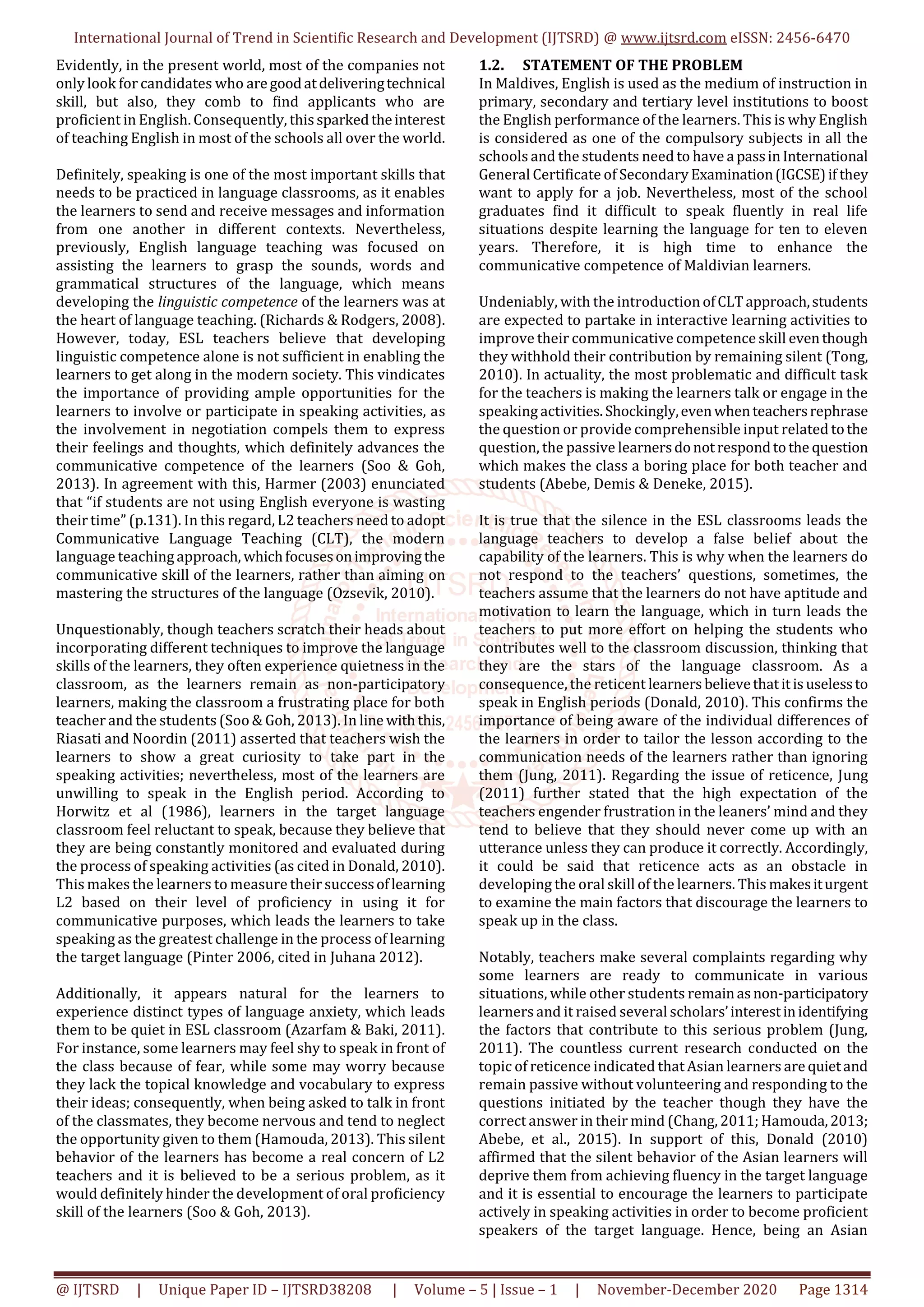 Reticence of Speaking in a Maldivian ESL Classroom Causes and Solution