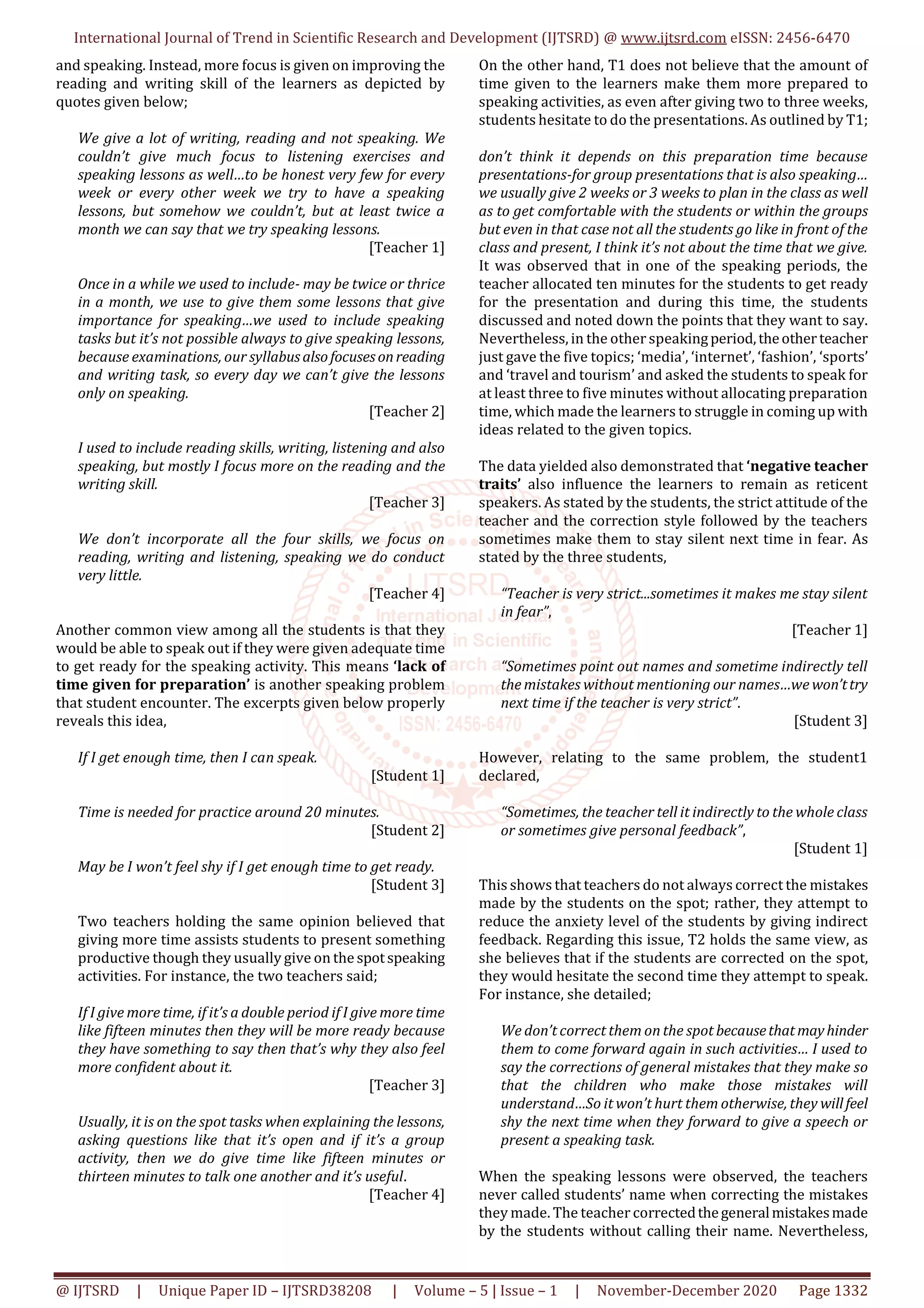 Reticence of Speaking in a Maldivian ESL Classroom Causes and Solution