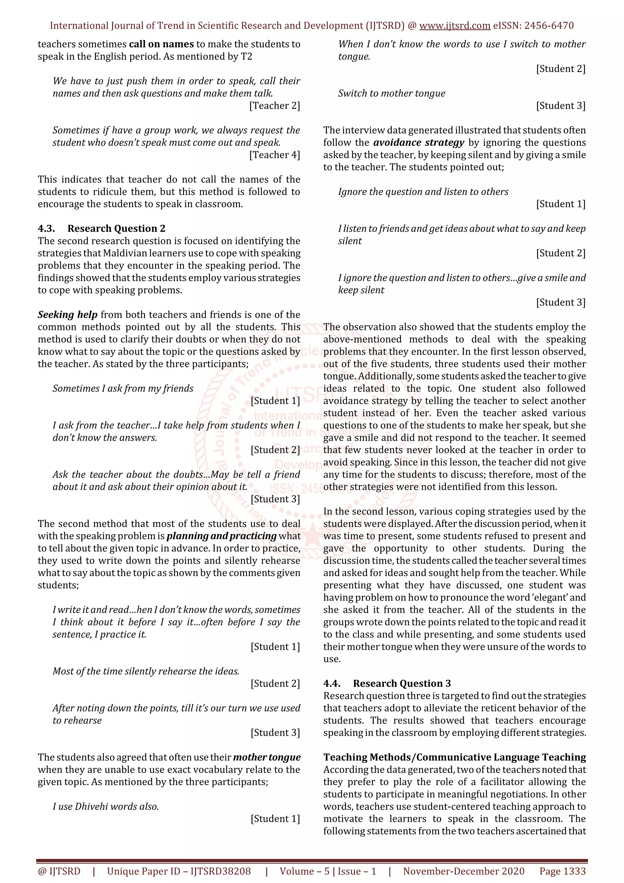 Reticence of Speaking in a Maldivian ESL Classroom Causes and Solution